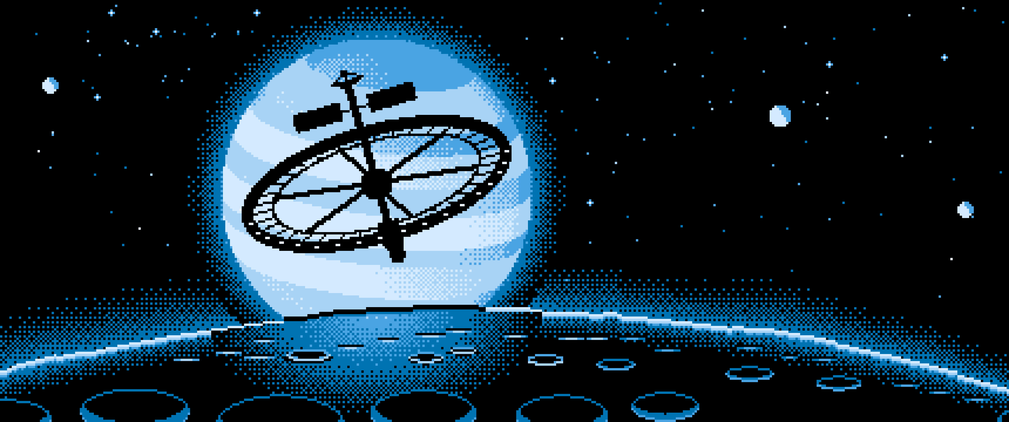 Light Blue Pixel Art Ring Space Station and Planet ultrawide wallpaper, 3440 × 1440