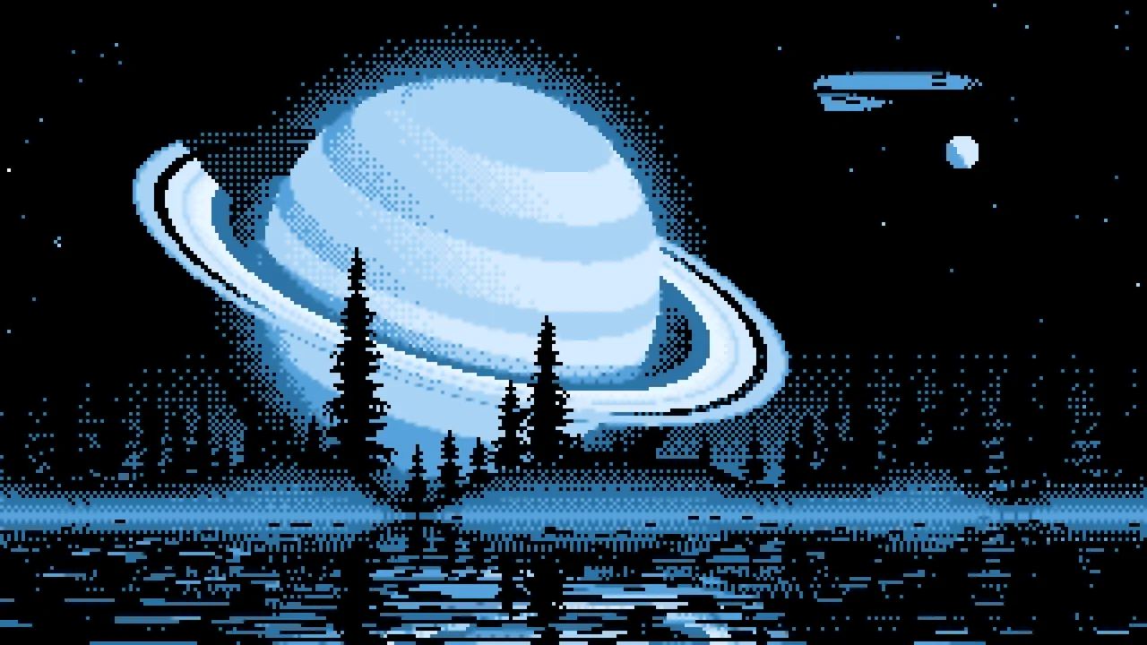 Light Blue Pixel Art Ringed Planet and Pine Trees desktop wallpaper in 4K