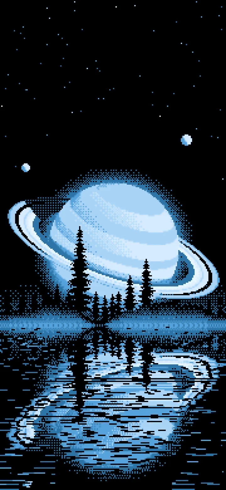 Light Blue Pixel Art Ringed Planet and Pine Trees wallpaper for iPhone and Android