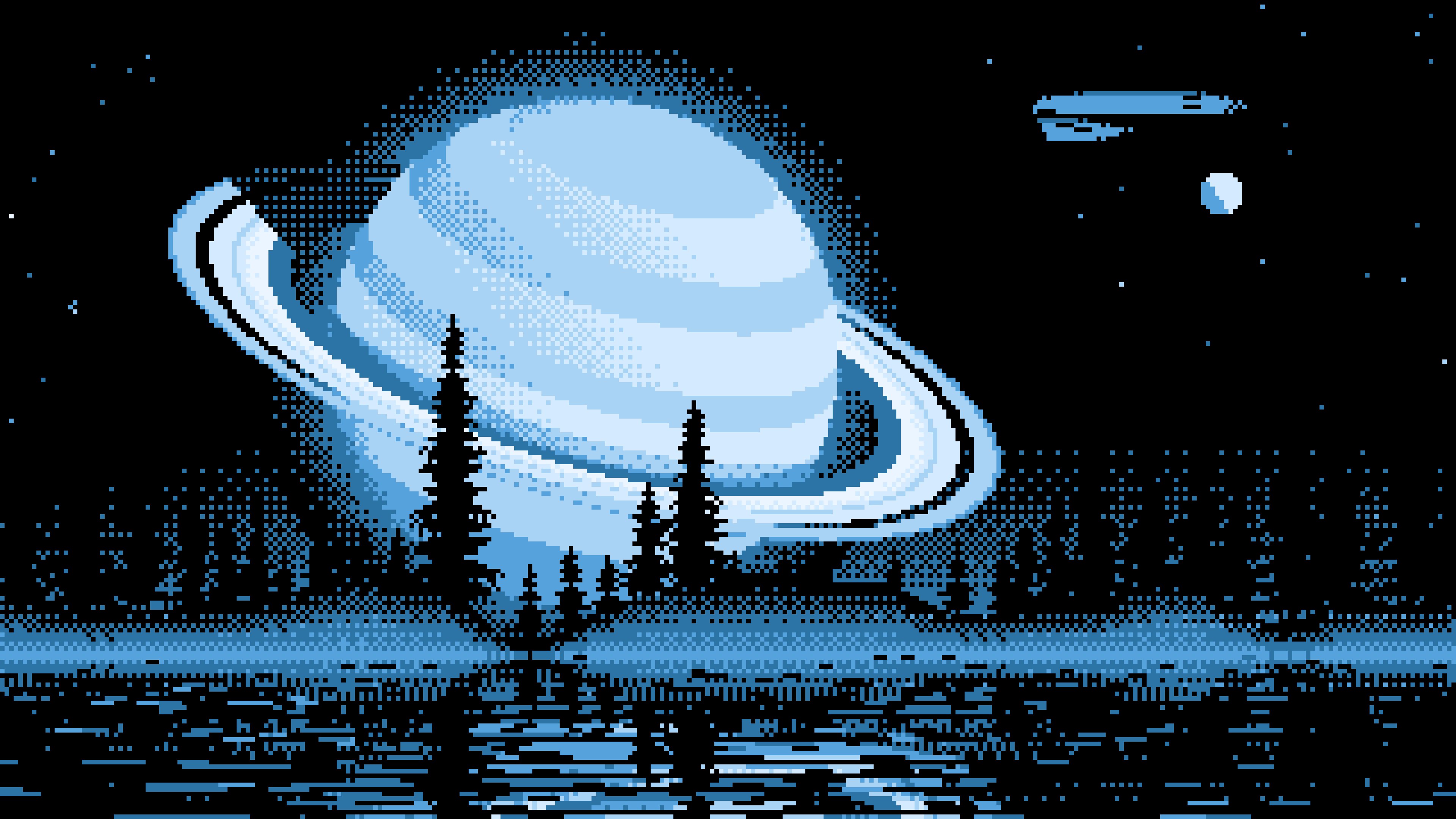 Light Blue Pixel Art Ringed Planet and Pine Trees desktop wallpaper in 4K