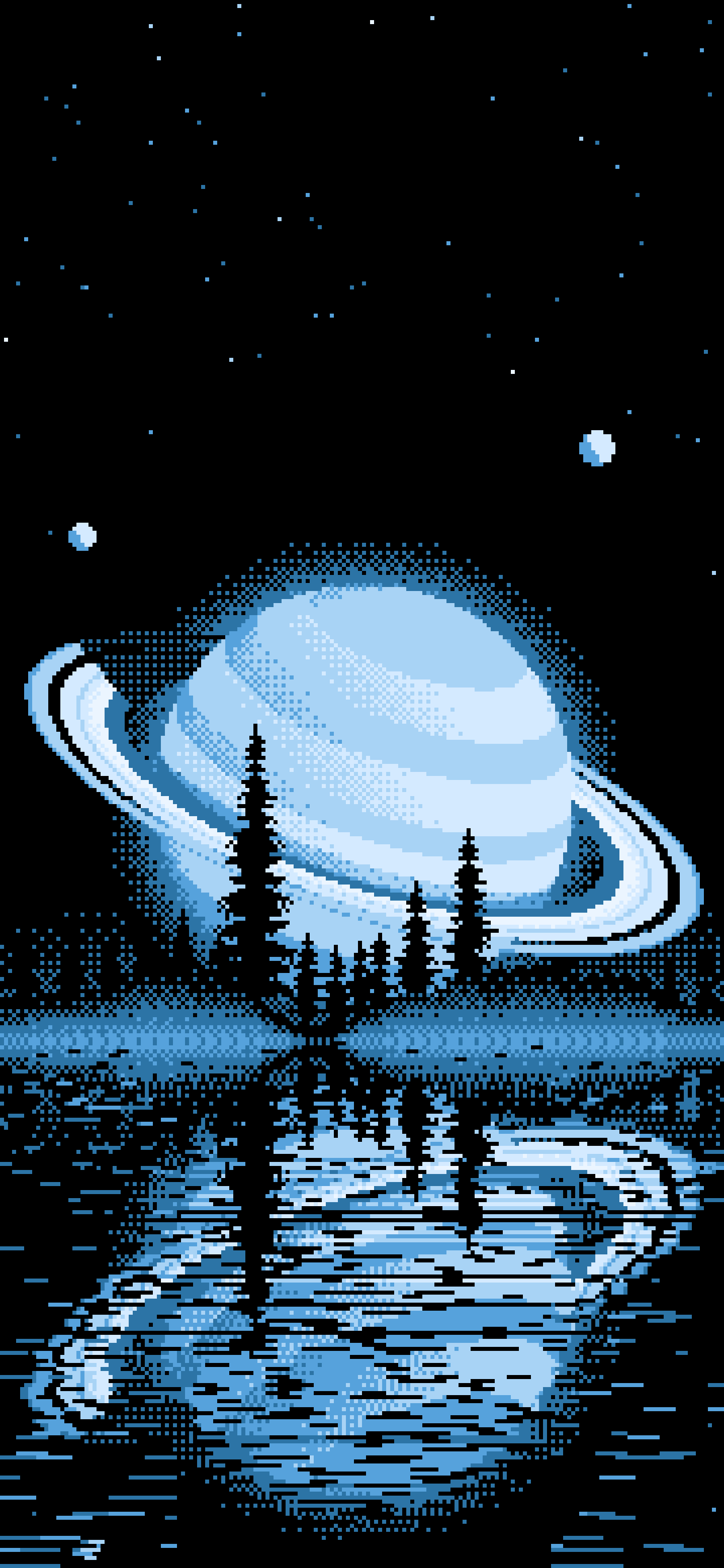 Light Blue Pixel Art Ringed Planet and Pine Trees wallpaper for iPhone and Android