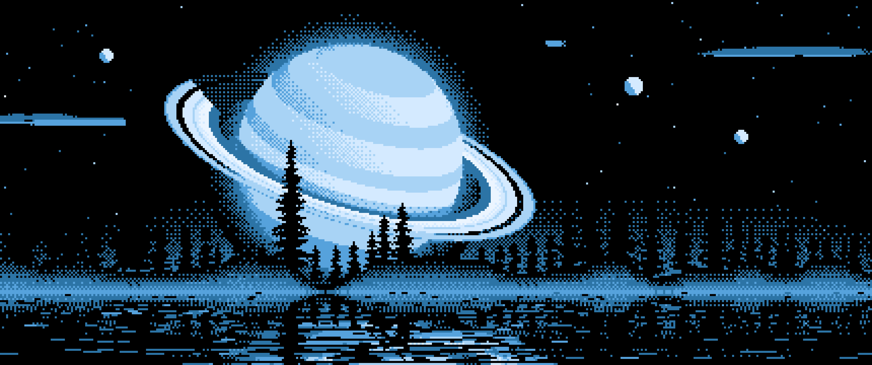 Light Blue Pixel Art Ringed Planet and Pine Trees ultrawide wallpaper, 3440 × 1440