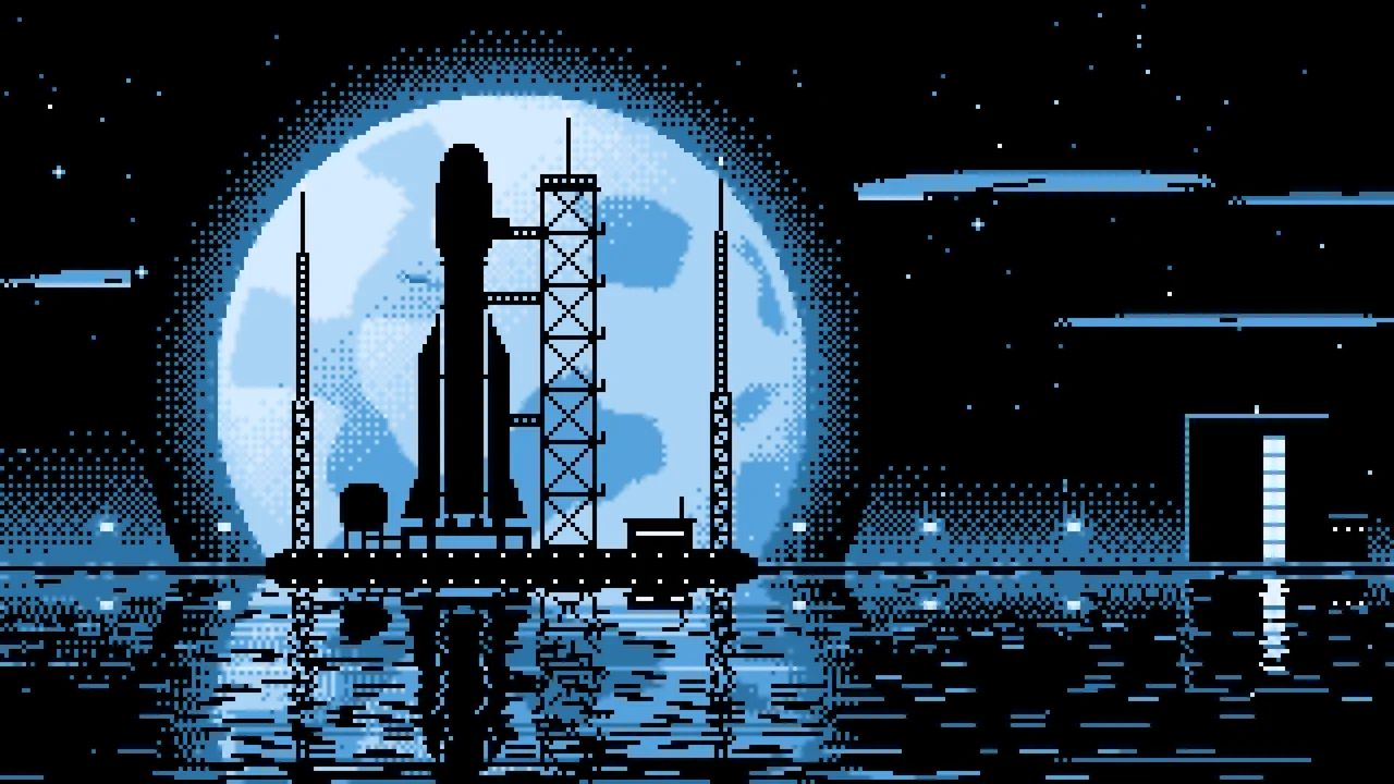 Light Blue Pixel Art Rocket and Full Moon desktop wallpaper in 4K