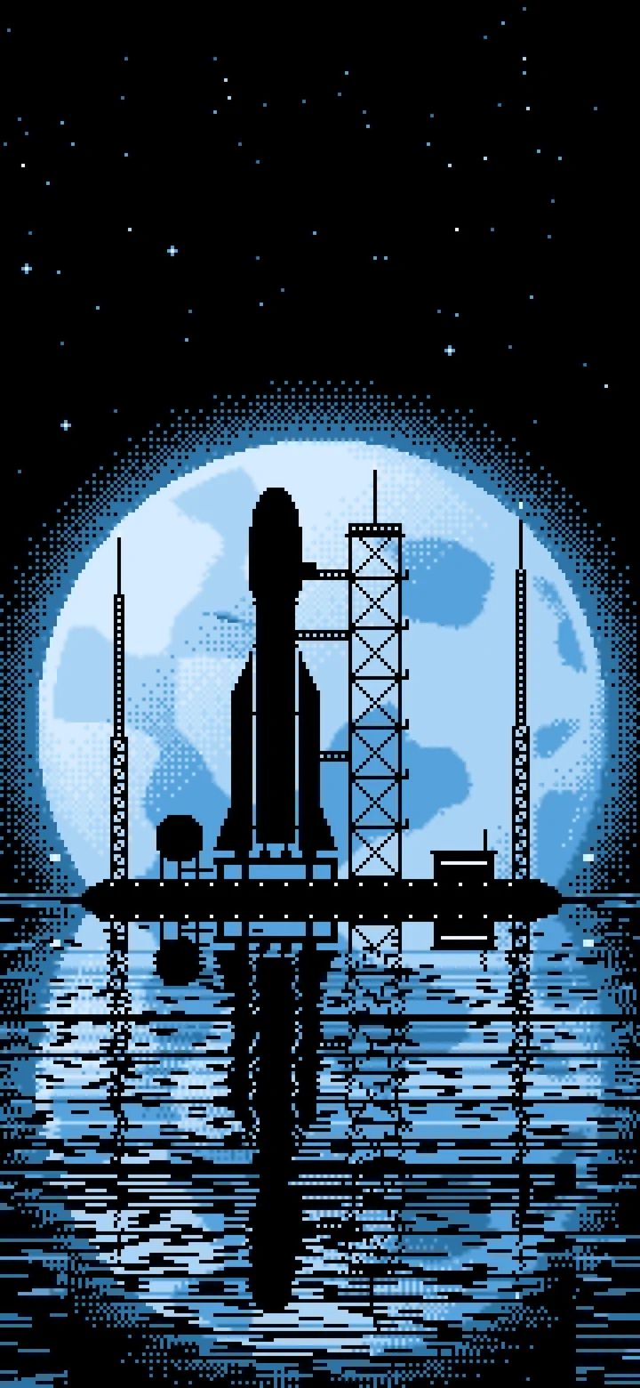 Light Blue Pixel Art Rocket and Full Moon wallpaper for iPhone and Android