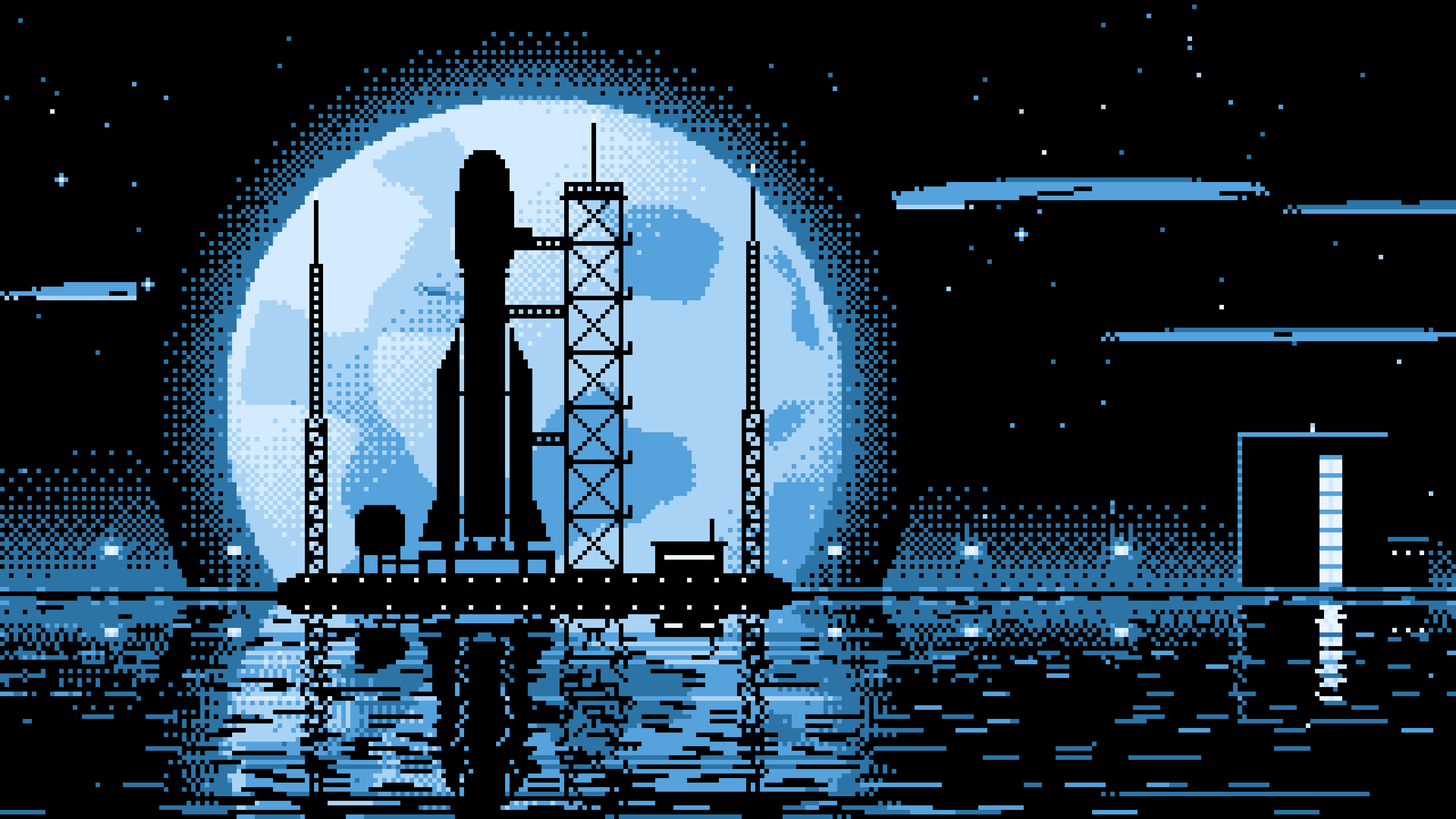 Light Blue Pixel Art Rocket and Full Moon desktop wallpaper in 4K