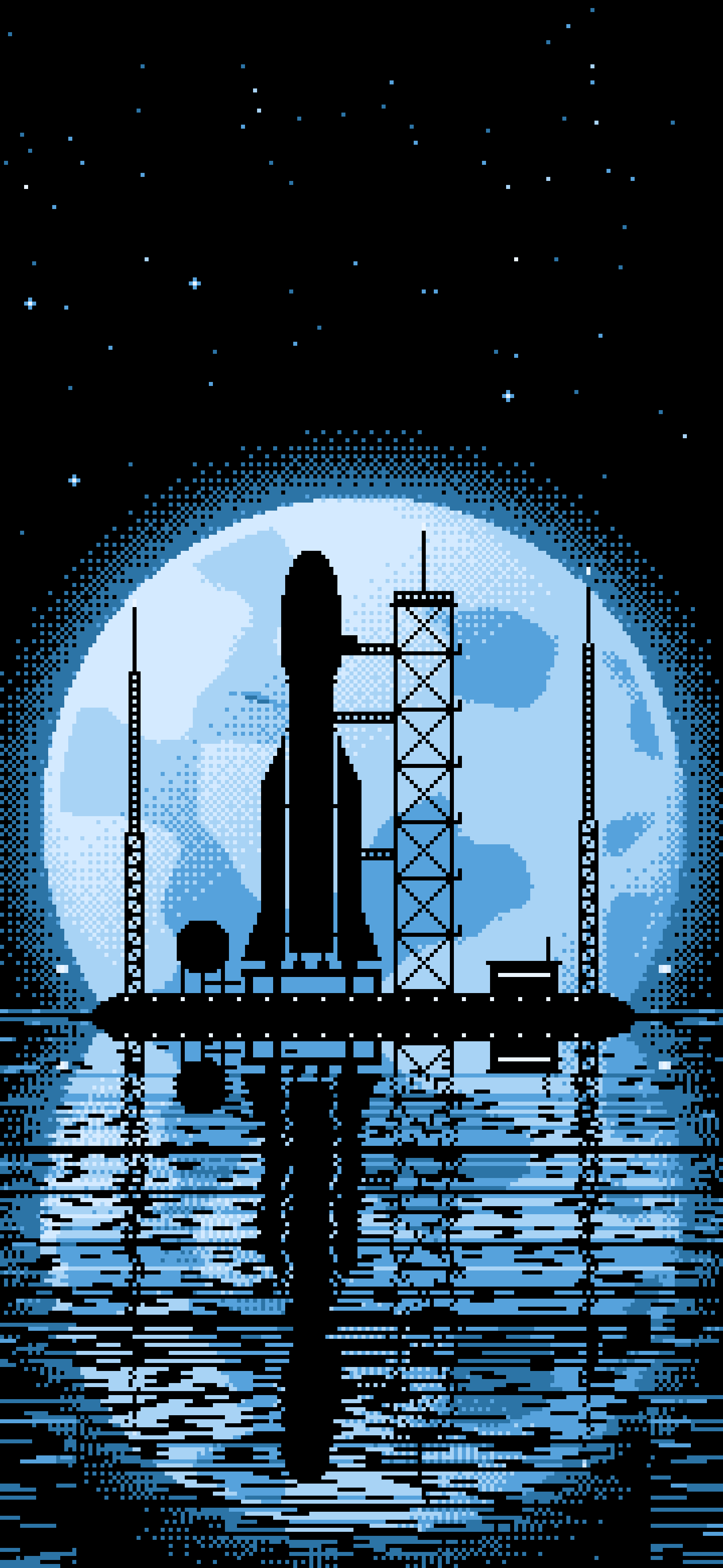 Light Blue Pixel Art Rocket and Full Moon wallpaper for iPhone and Android
