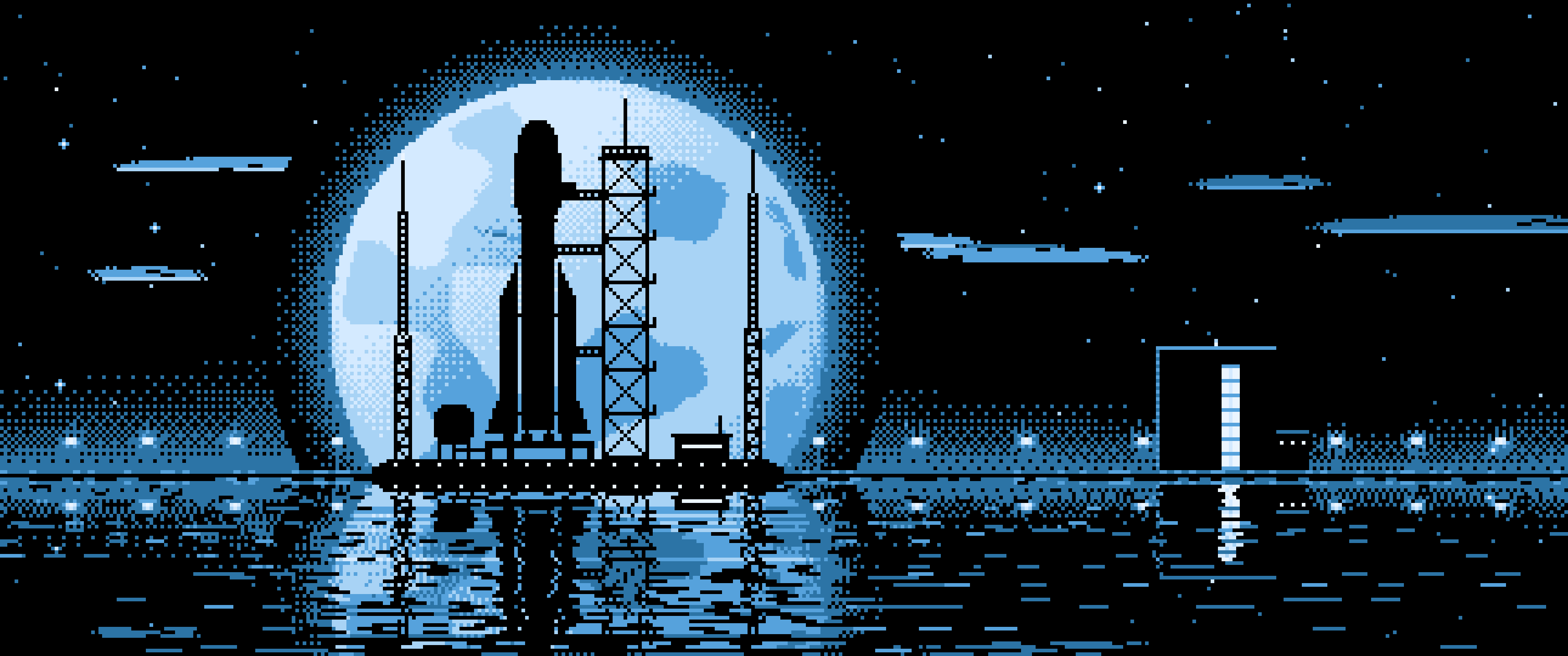 Light Blue Pixel Art Rocket and Full Moon ultrawide wallpaper, 3440 × 1440