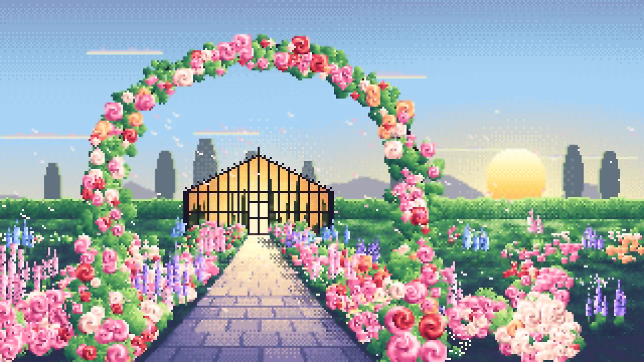 Light Blue Pixel Art Rose Garden at Sunset desktop wallpaper in 4K