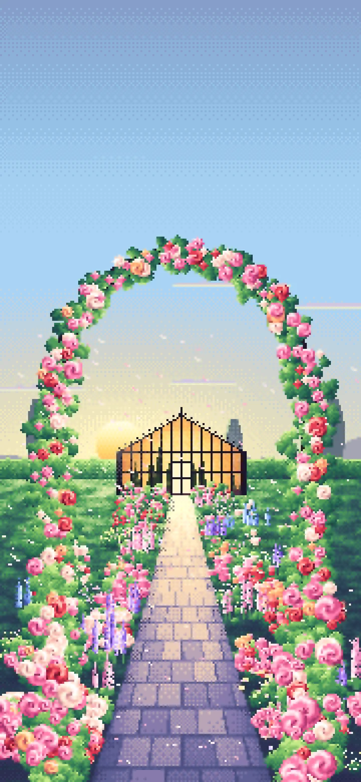 Light Blue Pixel Art Rose Garden at Sunset wallpaper for iPhone and Android