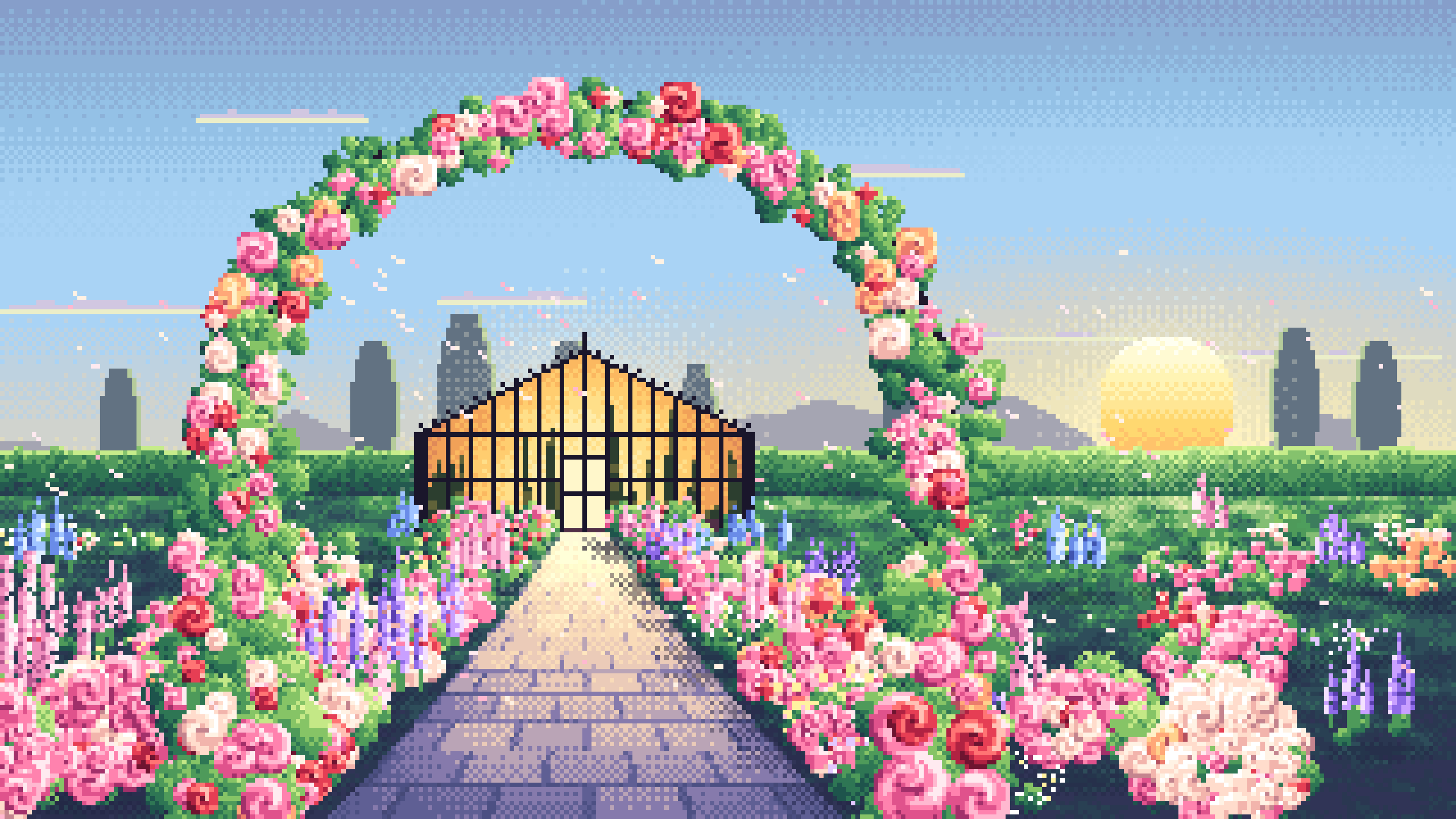 Light Blue Pixel Art Rose Garden at Sunset desktop wallpaper in 4K