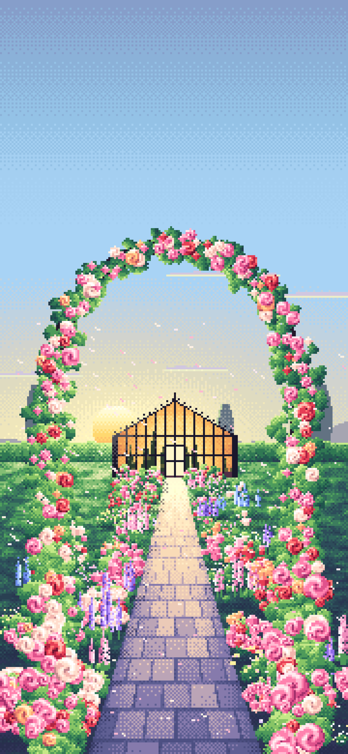 Light Blue Pixel Art Rose Garden at Sunset wallpaper for iPhone and Android