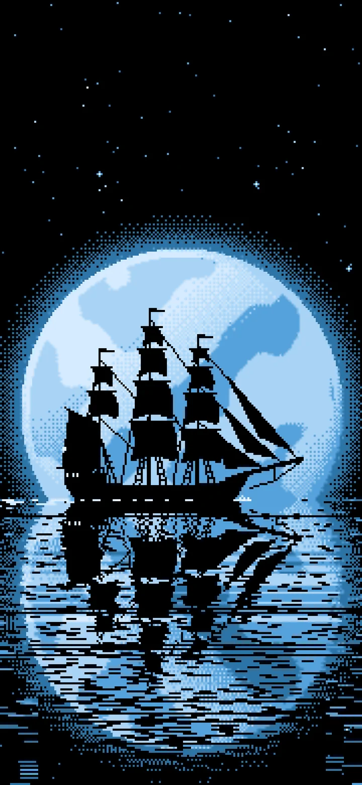 Light Blue Pixel Art Sailing Ship and Full Moon wallpaper for iPhone and Android