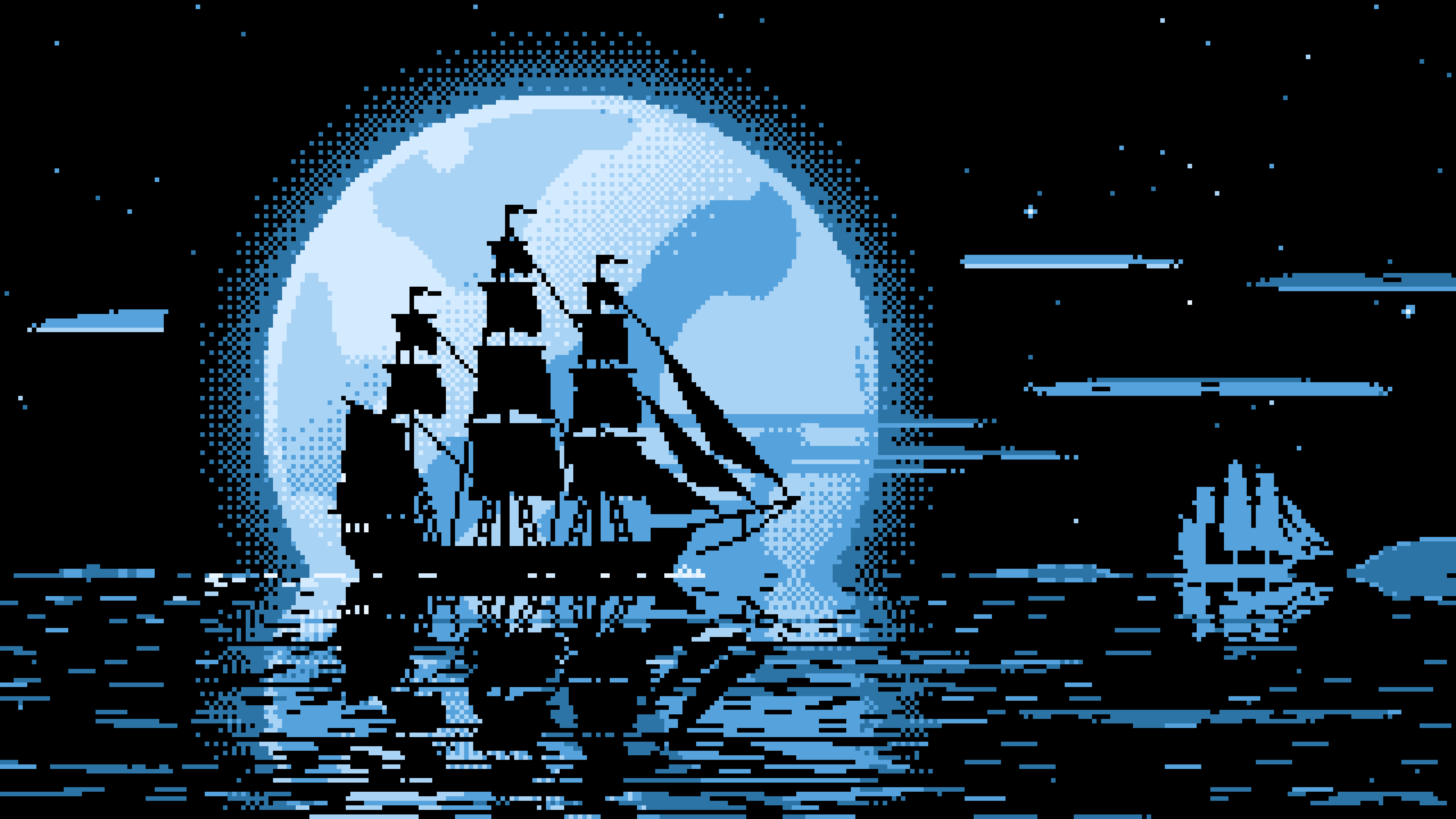 Light Blue Pixel Art Sailing Ship and Full Moon desktop wallpaper in 4K