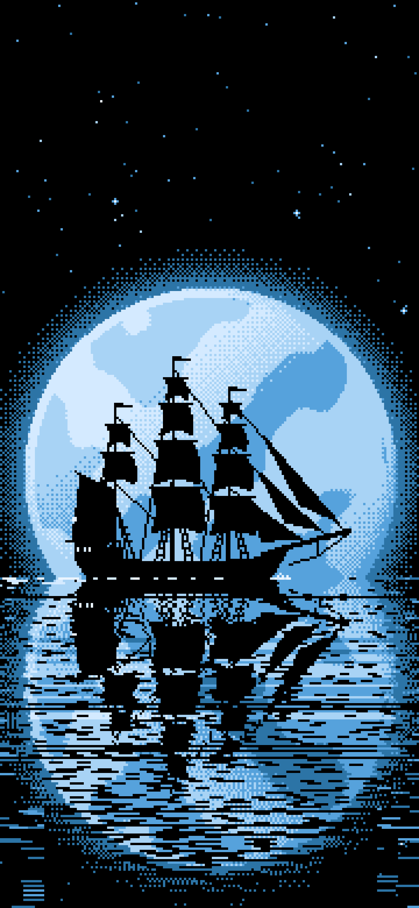 Light Blue Pixel Art Sailing Ship and Full Moon wallpaper for iPhone and Android