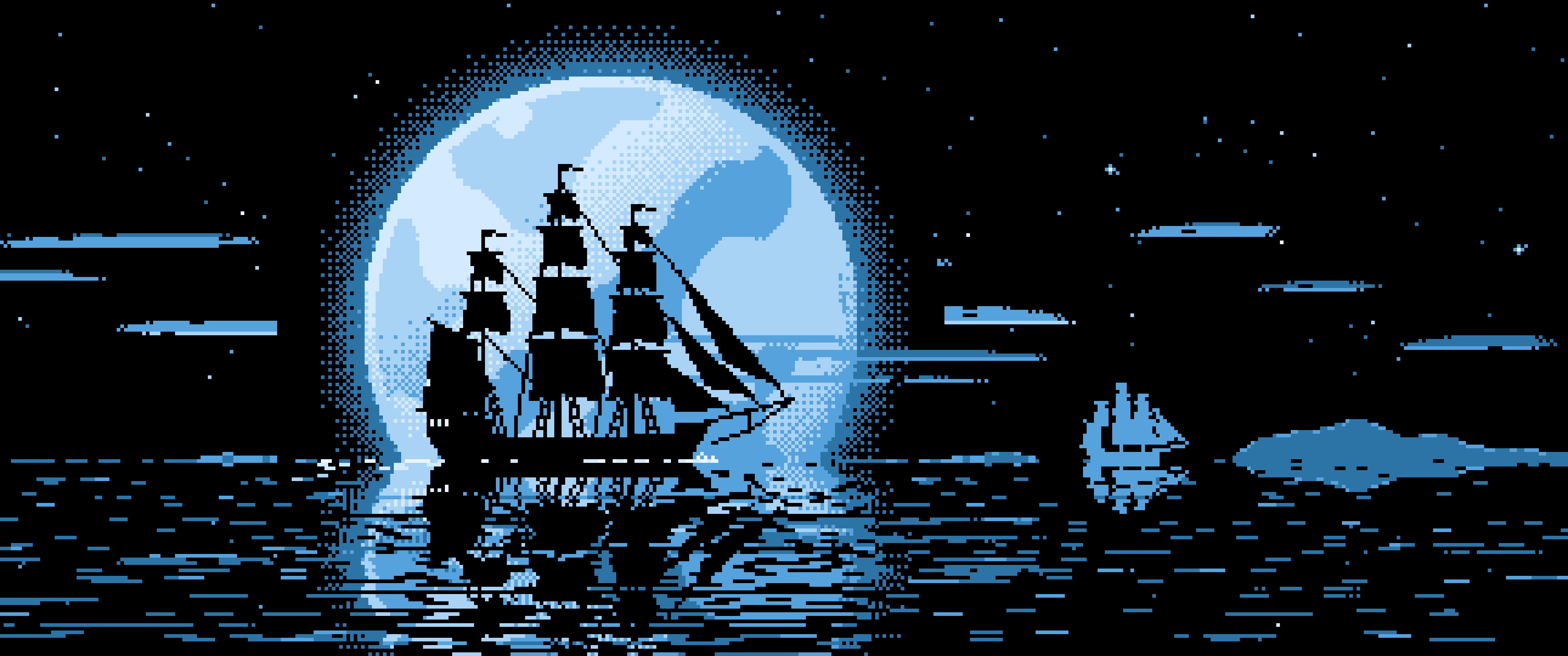 Light Blue Pixel Art Sailing Ship and Full Moon ultrawide wallpaper, 3440 × 1440