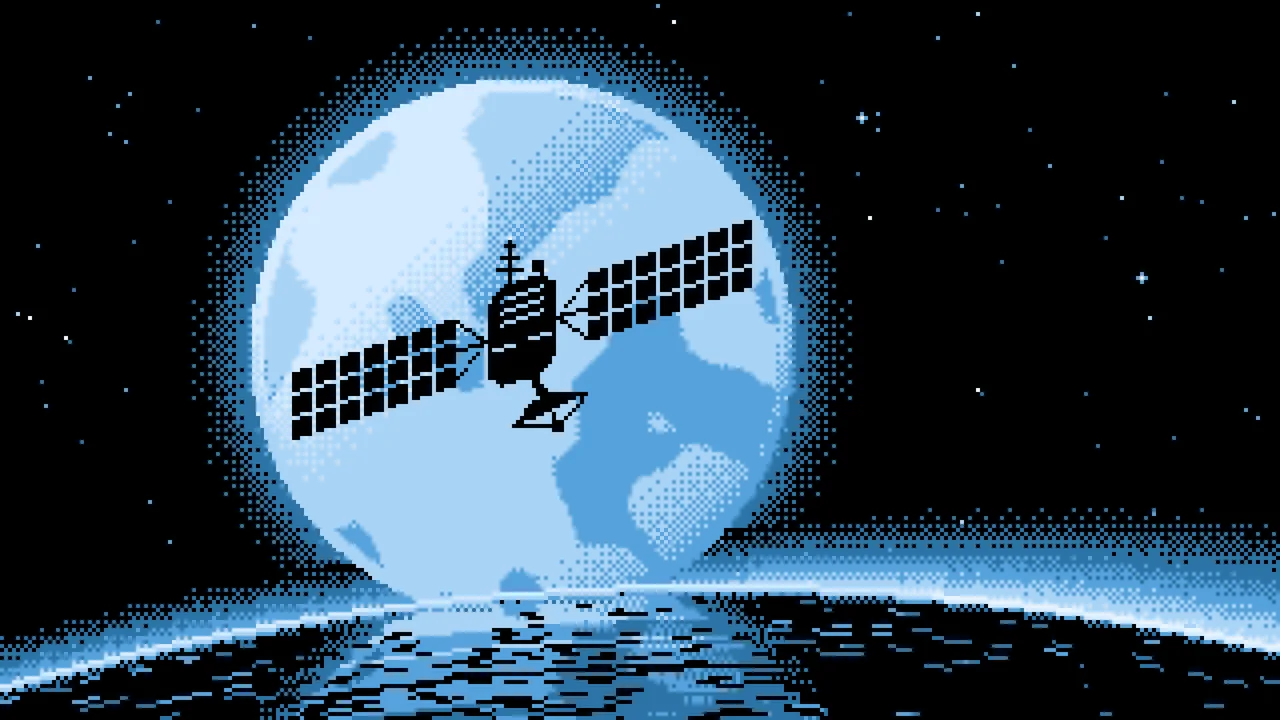 Light Blue Pixel Art Satellite and Full Moon desktop wallpaper in 4K