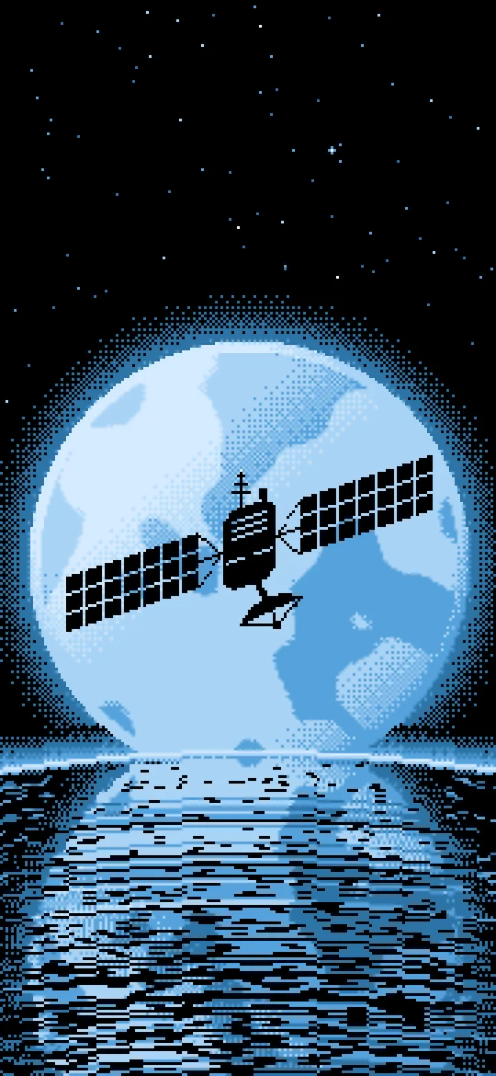 Light Blue Pixel Art Satellite and Full Moon wallpaper for iPhone and Android