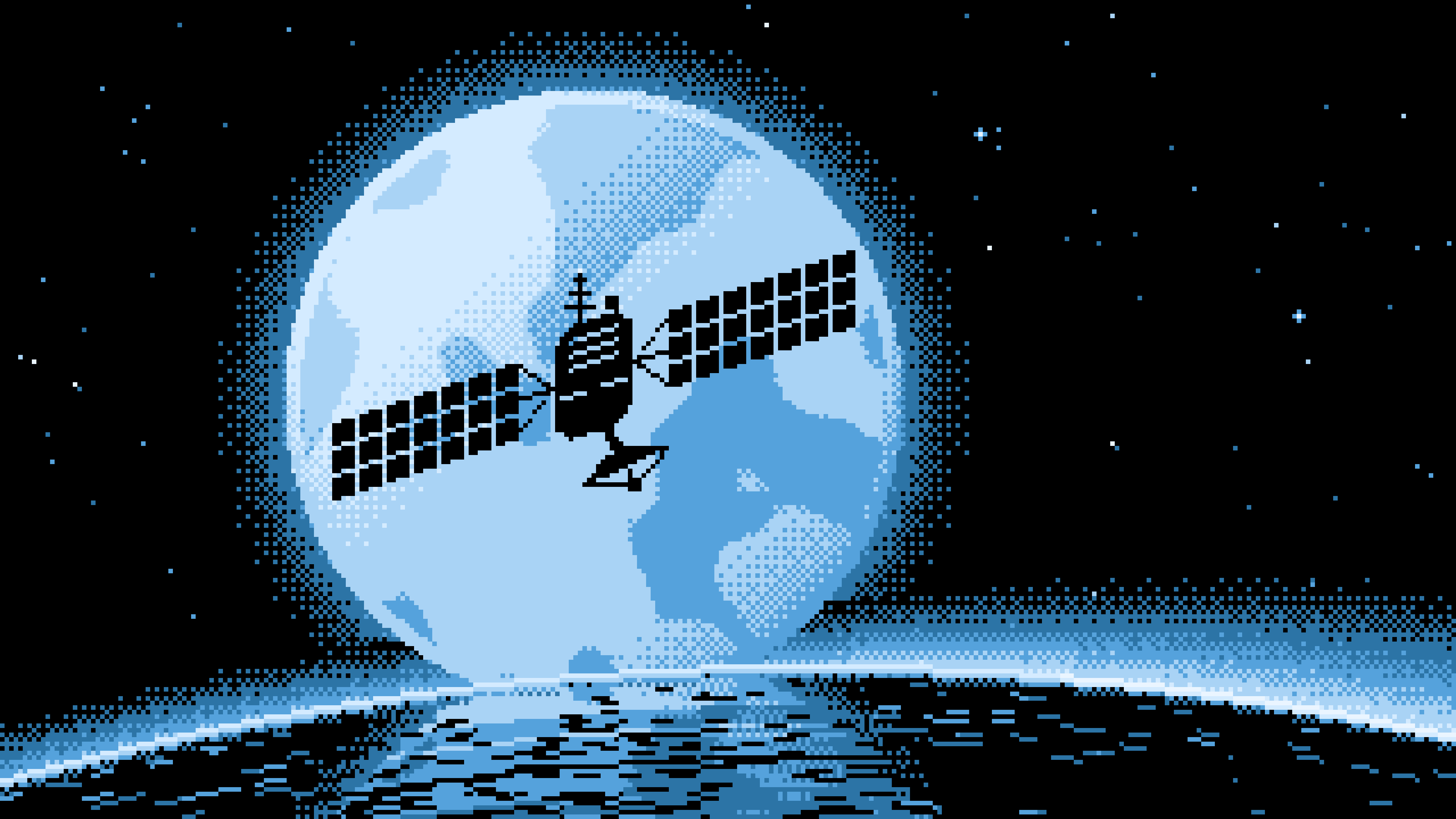 Light Blue Pixel Art Satellite and Full Moon desktop wallpaper in 4K