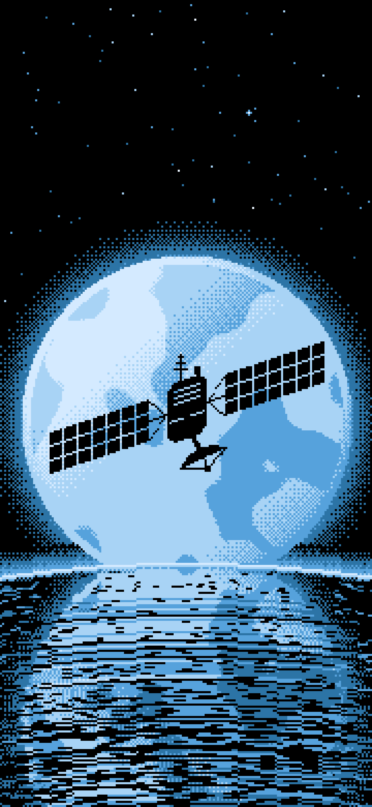 Light Blue Pixel Art Satellite and Full Moon wallpaper for iPhone and Android