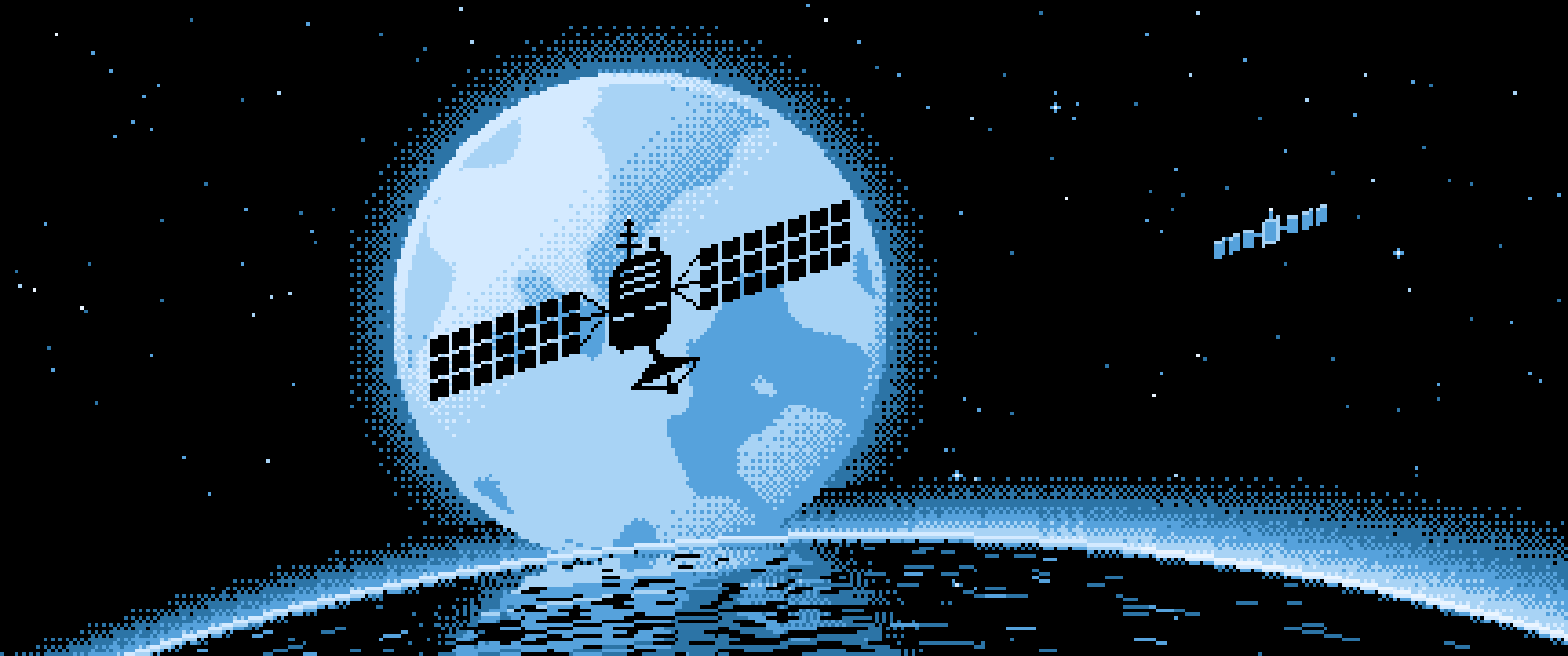 Light Blue Pixel Art Satellite and Full Moon ultrawide wallpaper, 3440 × 1440