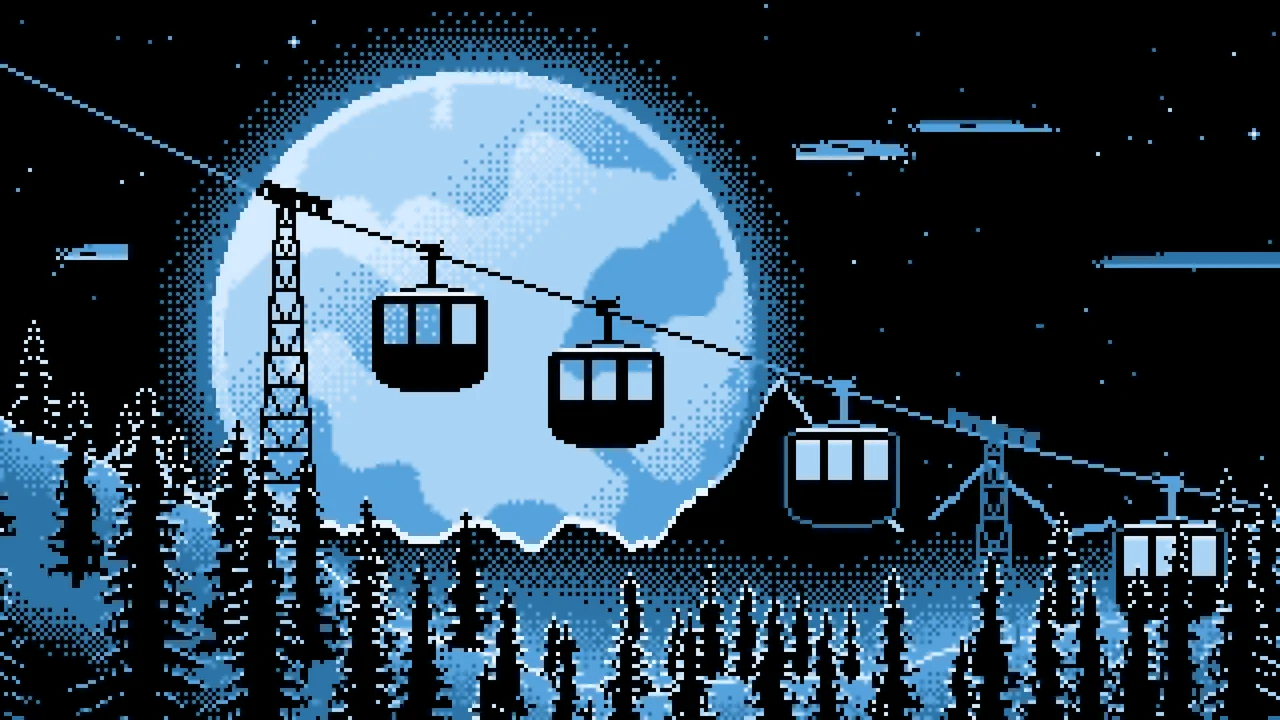 Light Blue Pixel Art Ski Gondola and Full Moon desktop wallpaper in 4K