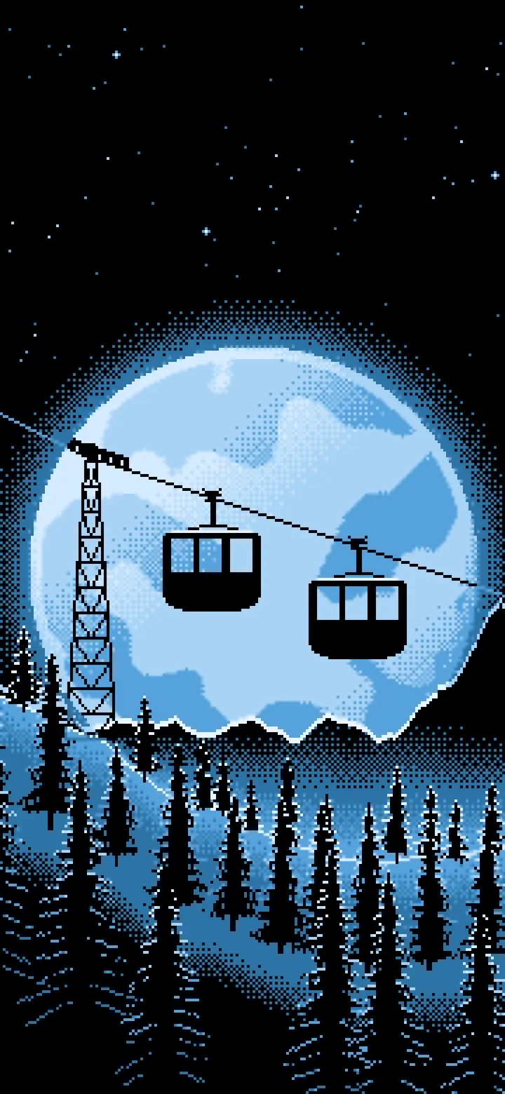 Light Blue Pixel Art Ski Gondola and Full Moon wallpaper for iPhone and Android