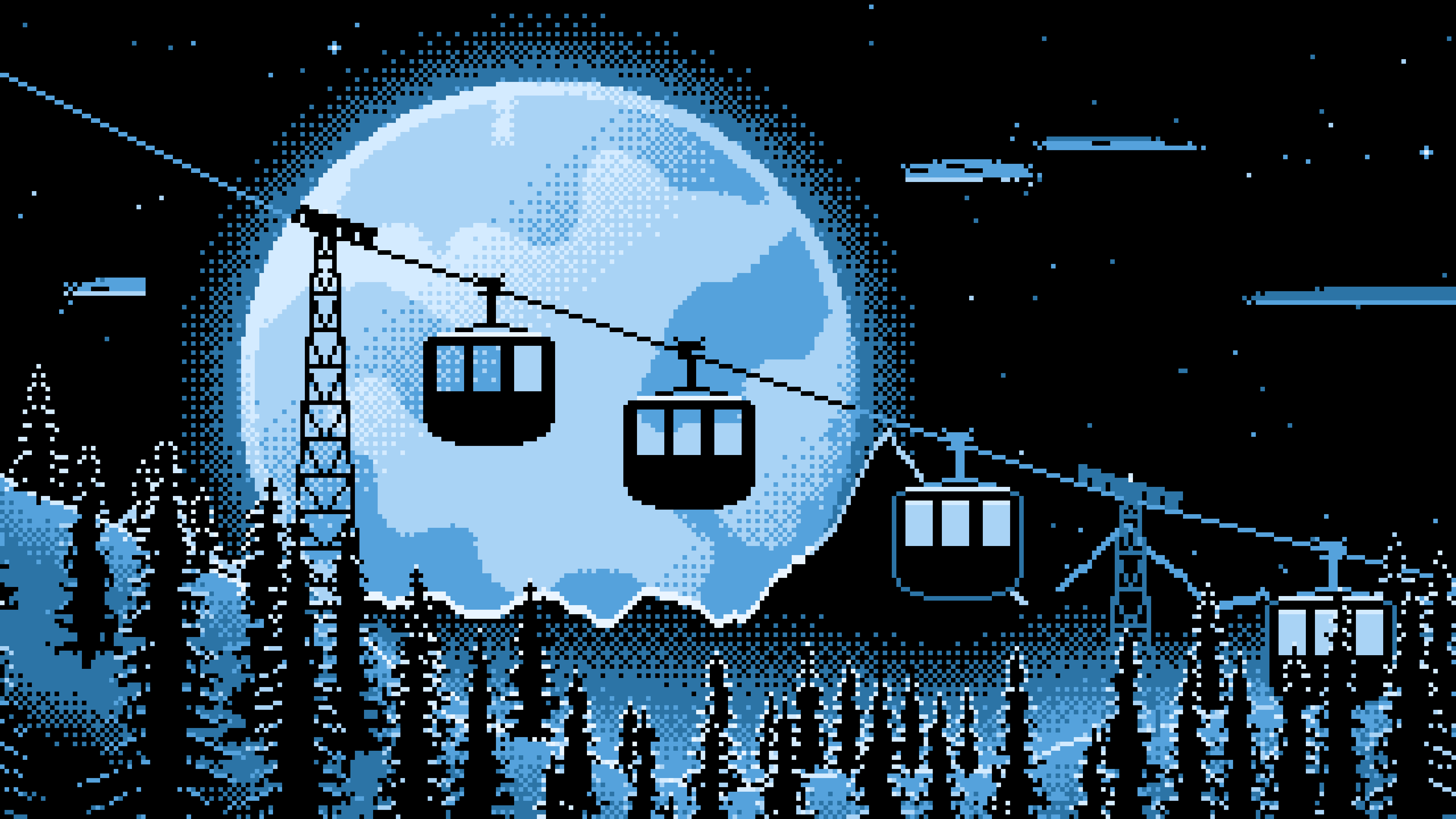 Light Blue Pixel Art Ski Gondola and Full Moon desktop wallpaper in 4K