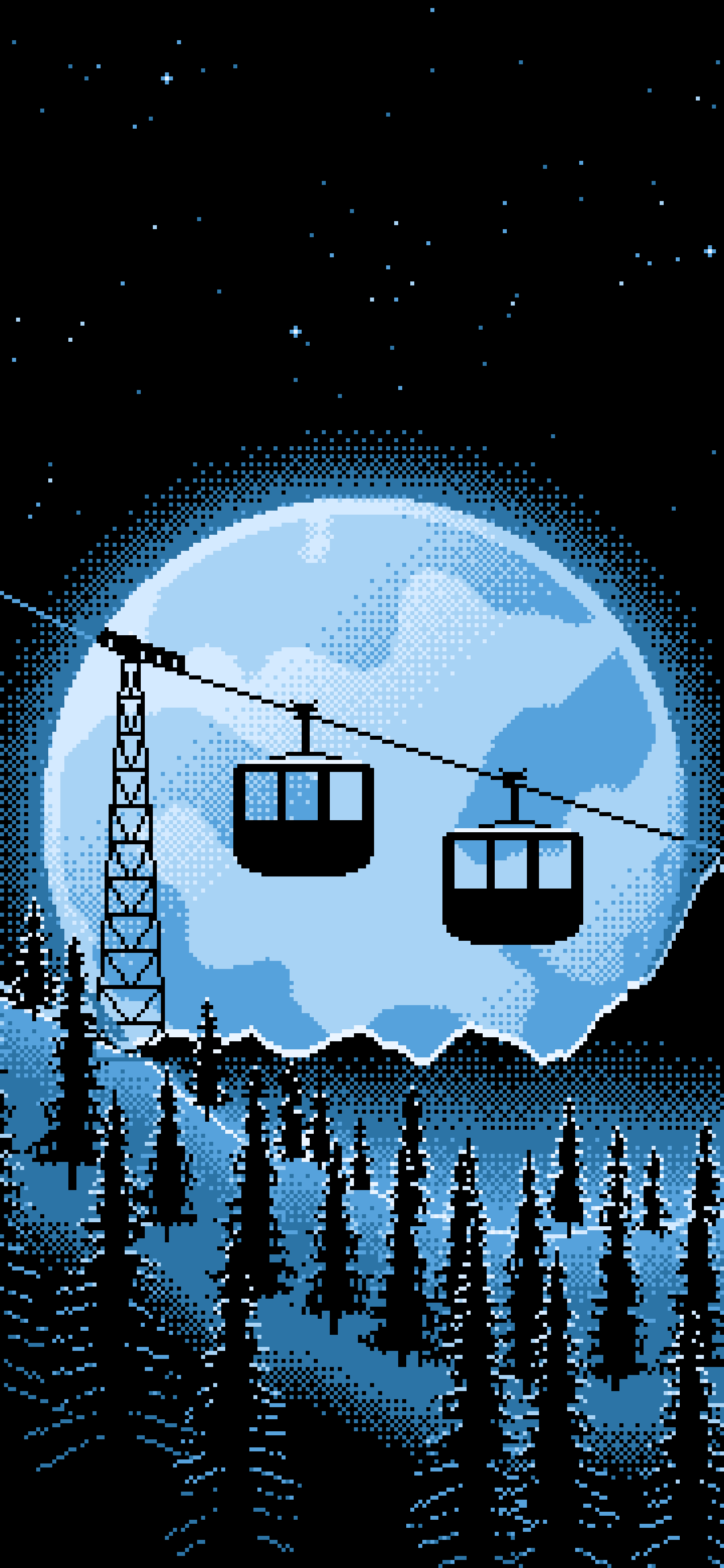 Light Blue Pixel Art Ski Gondola and Full Moon wallpaper for iPhone and Android
