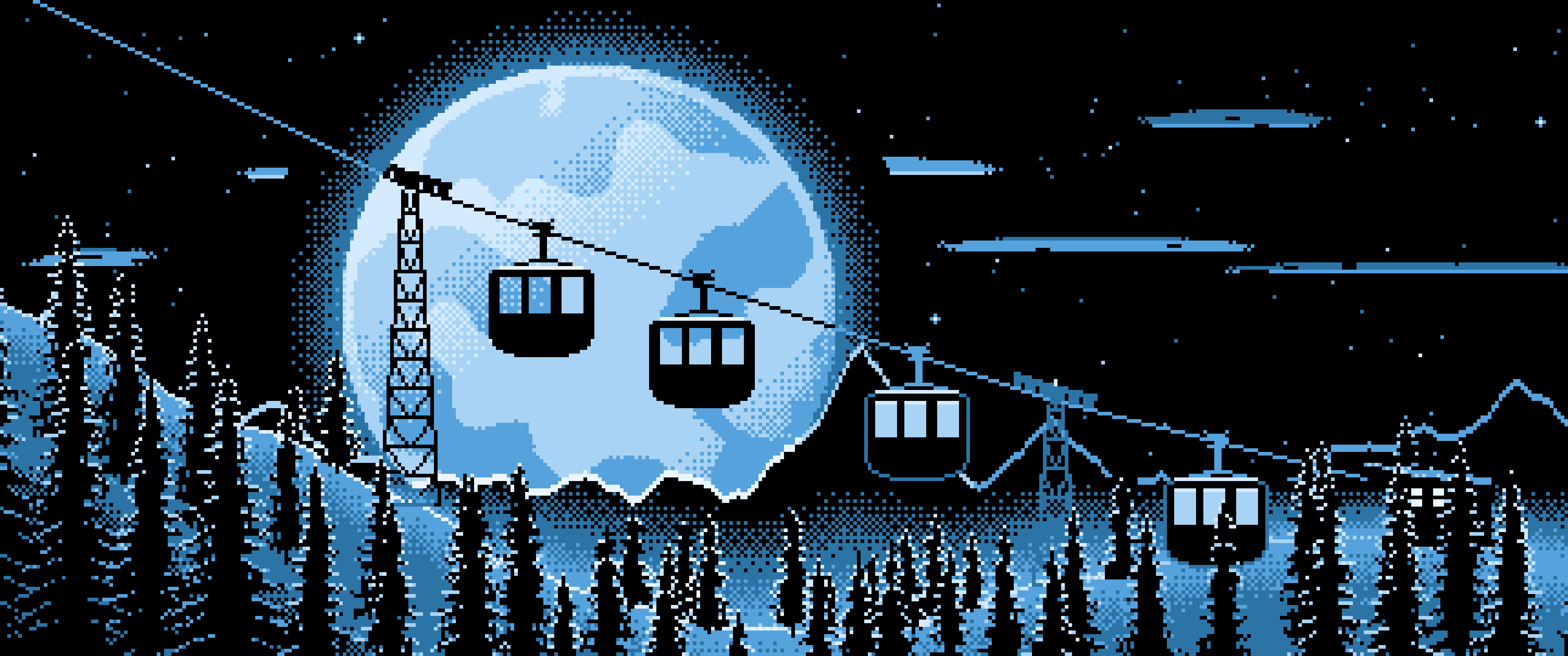 Light Blue Pixel Art Ski Gondola and Full Moon ultrawide wallpaper, 3440 × 1440