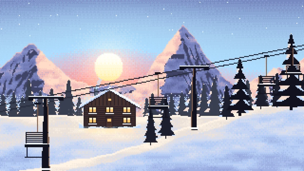 Light Blue Pixel Art Ski Lift at Sunset desktop wallpaper in 4K