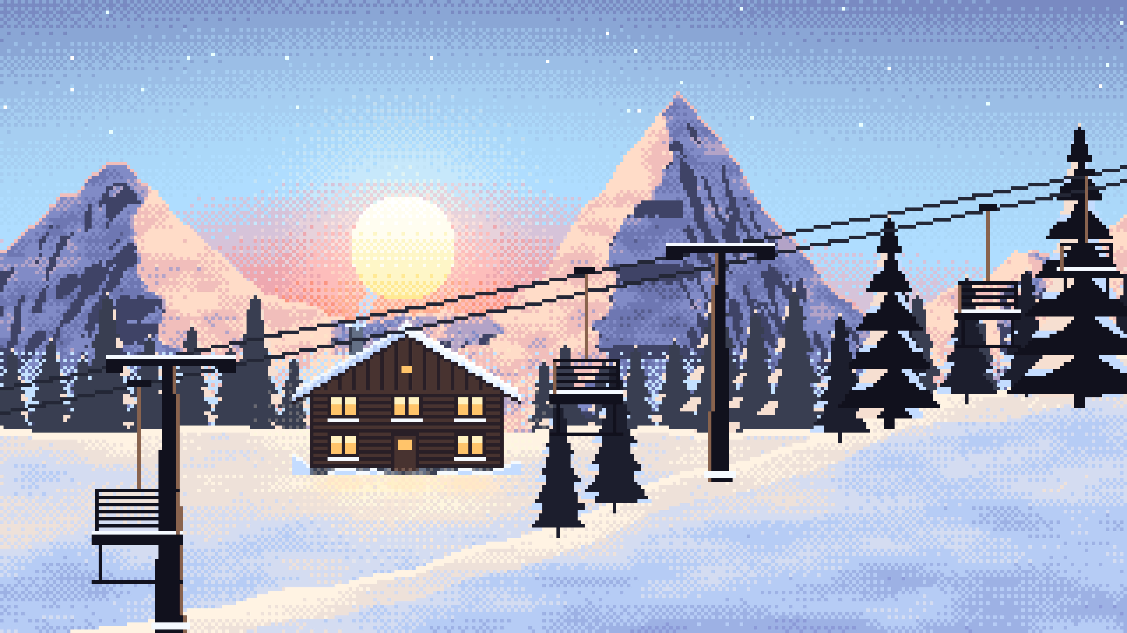 Light Blue Pixel Art Ski Lift at Sunset desktop wallpaper in 4K
