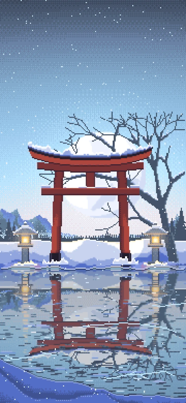 Light Blue Pixel Art Snowy Torii Gate on a Frozen Lake wallpaper for iPhone and Android