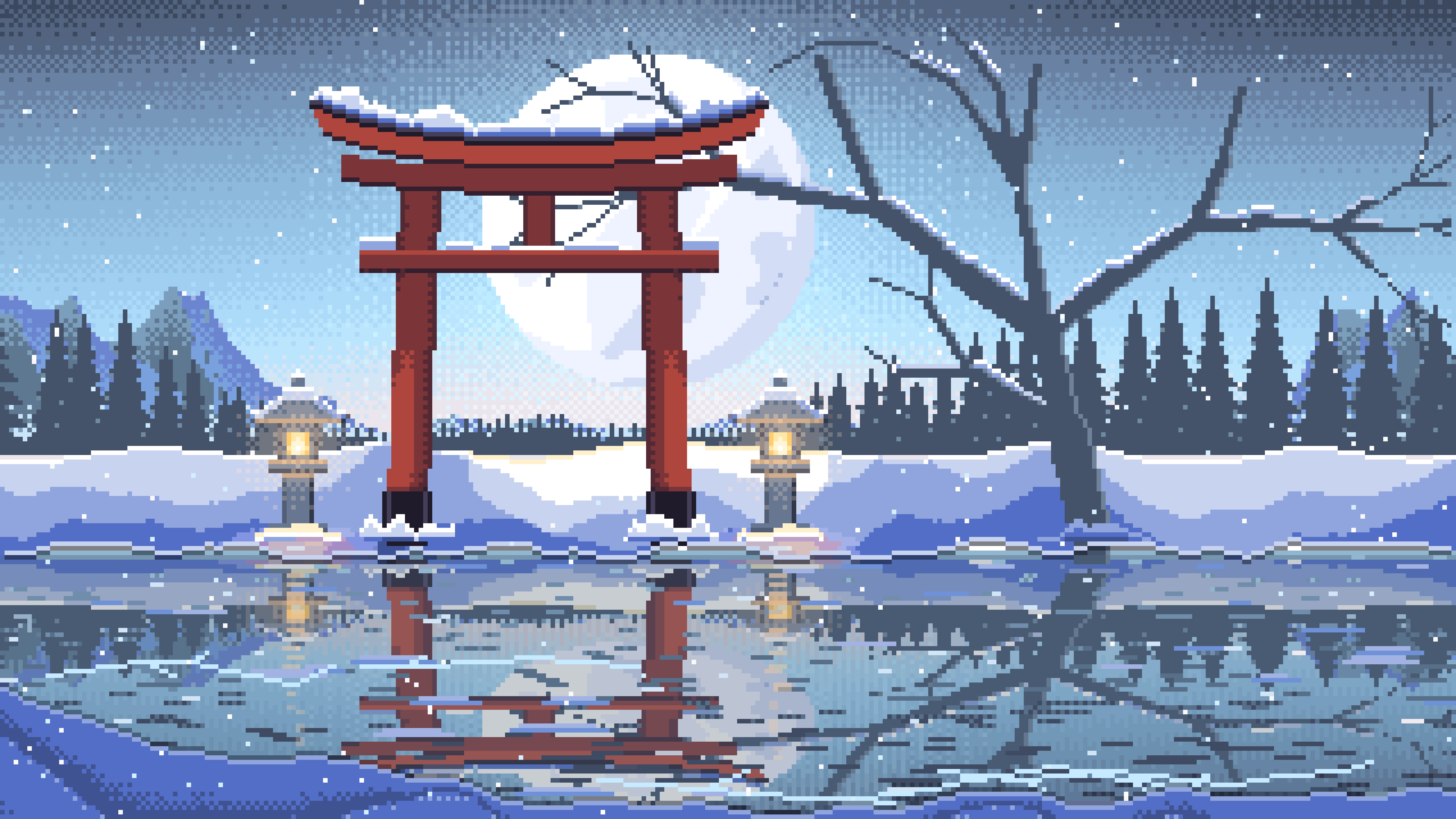 Light Blue Pixel Art Snowy Torii Gate on a Frozen Lake desktop wallpaper in 4K