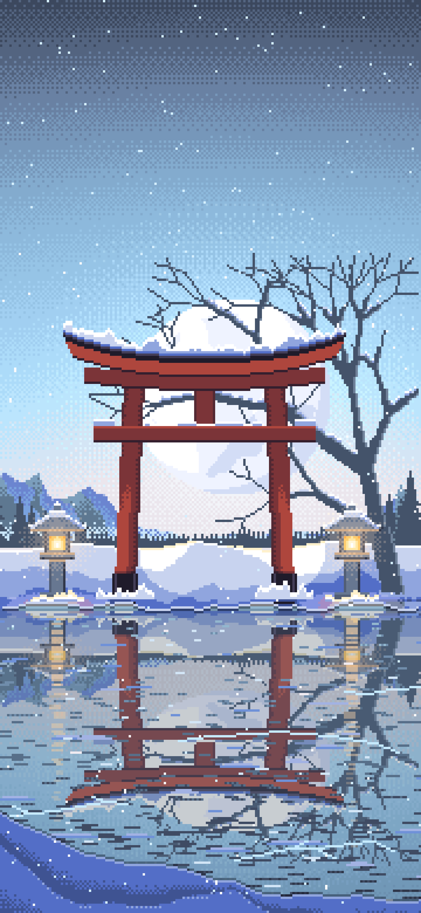 Light Blue Pixel Art Snowy Torii Gate on a Frozen Lake wallpaper for iPhone and Android