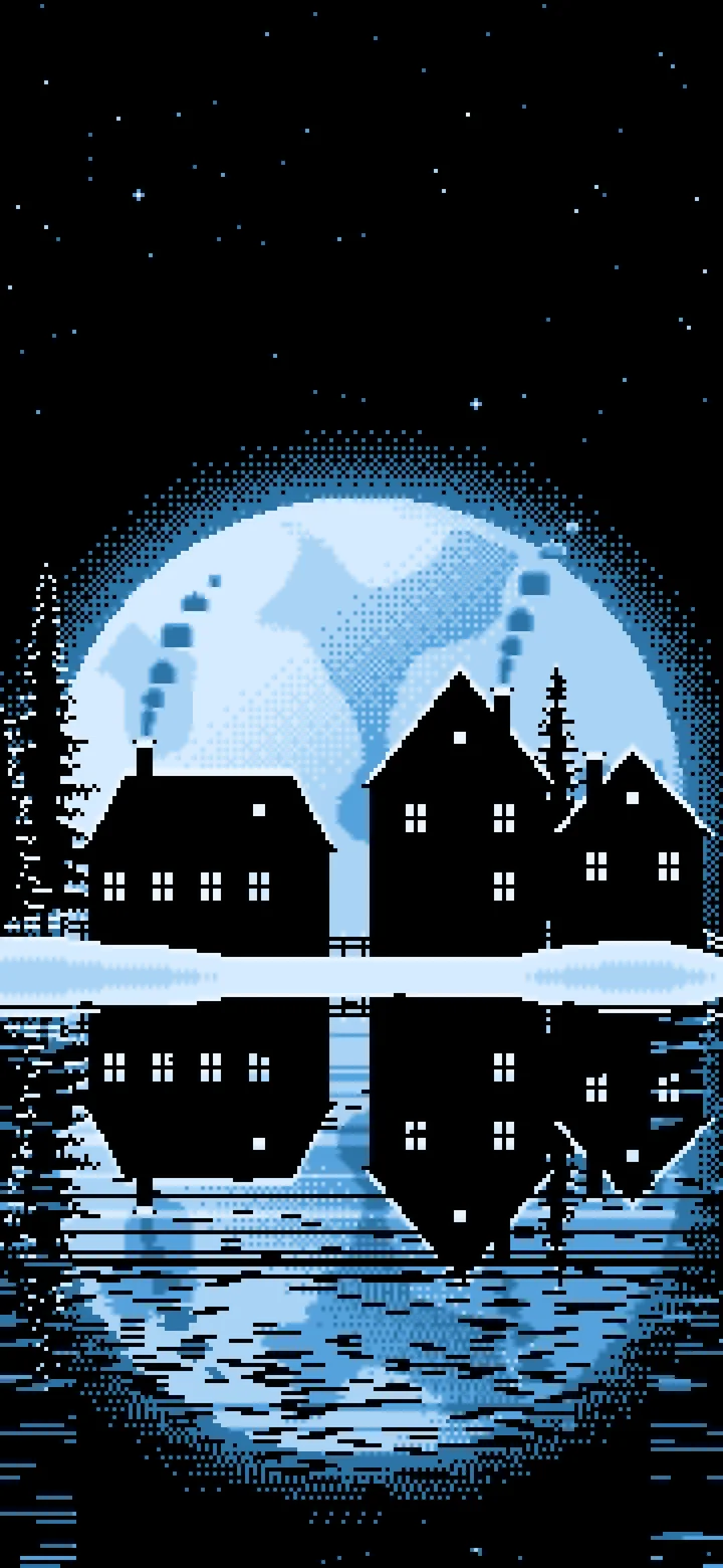 Light Blue Pixel Art Snowy Village and Full Moon wallpaper for iPhone and Android