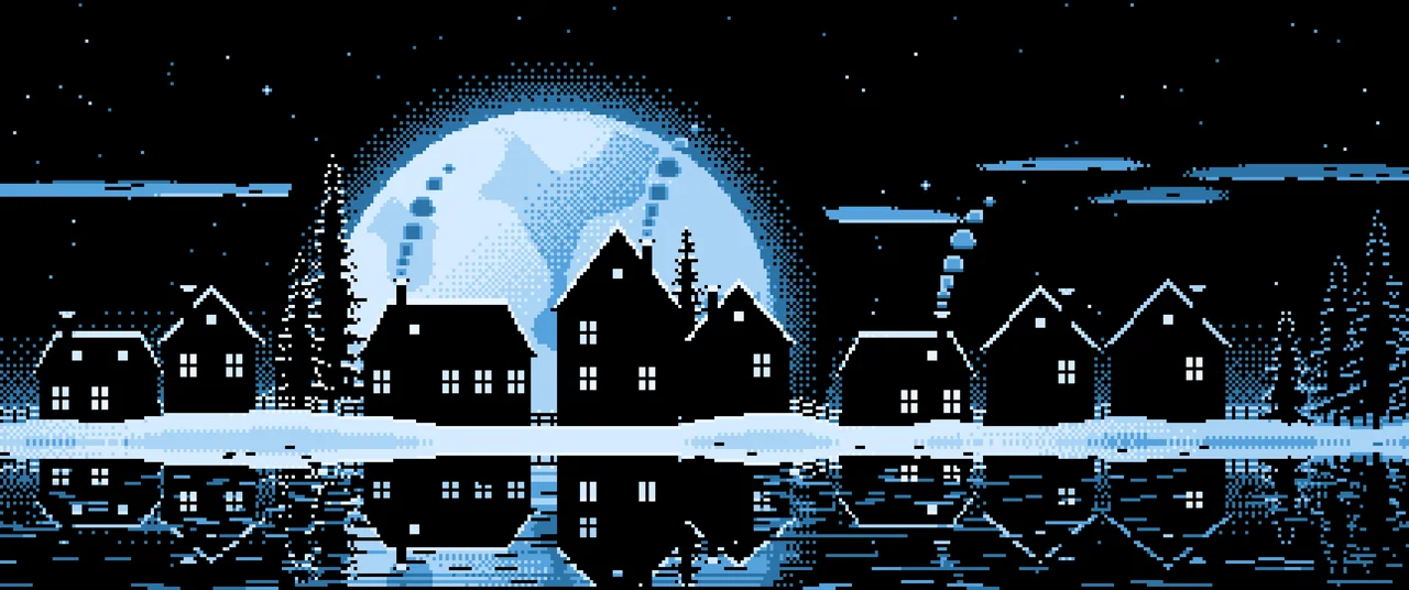 Light Blue Pixel Art Snowy Village and Full Moon ultrawide wallpaper, 3440 × 1440