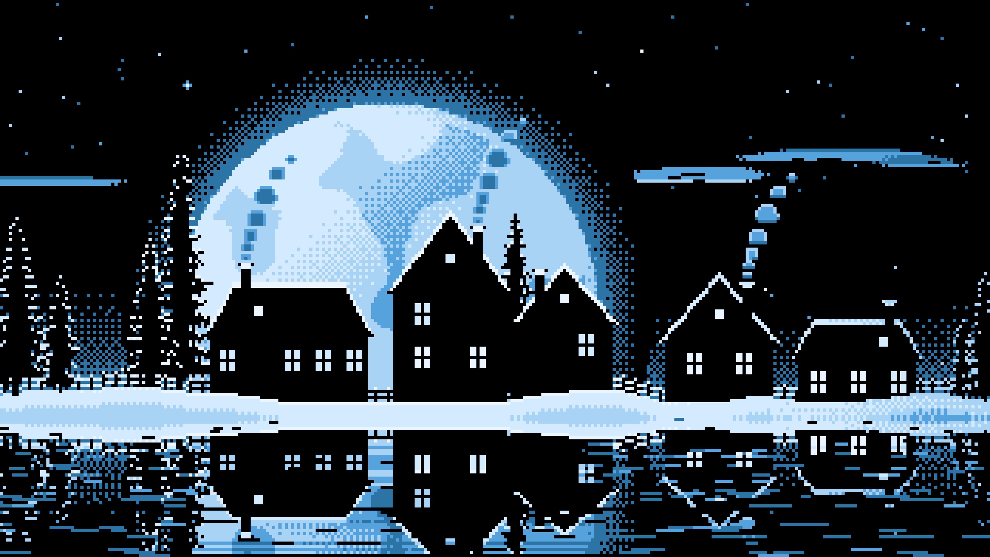 Light Blue Pixel Art Snowy Village and Full Moon desktop wallpaper in 4K