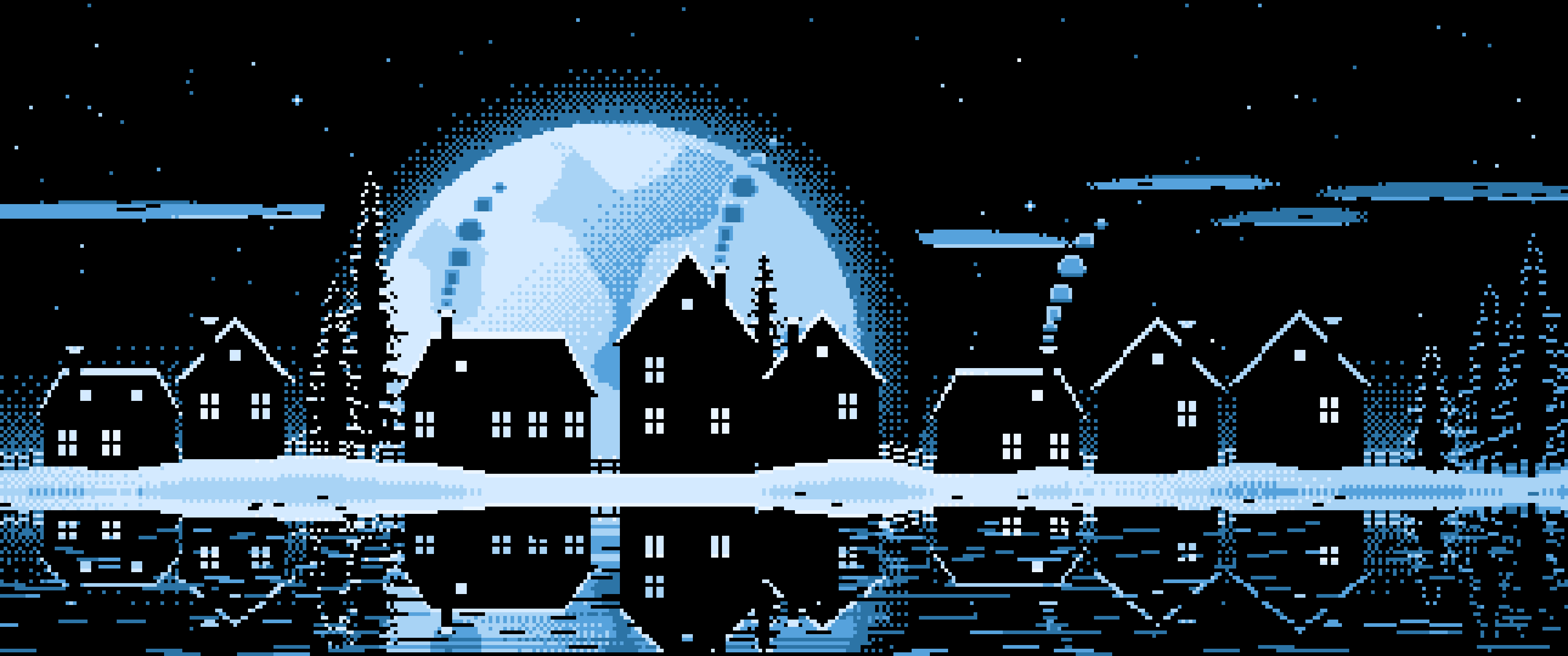 Light Blue Pixel Art Snowy Village and Full Moon ultrawide wallpaper, 3440 × 1440