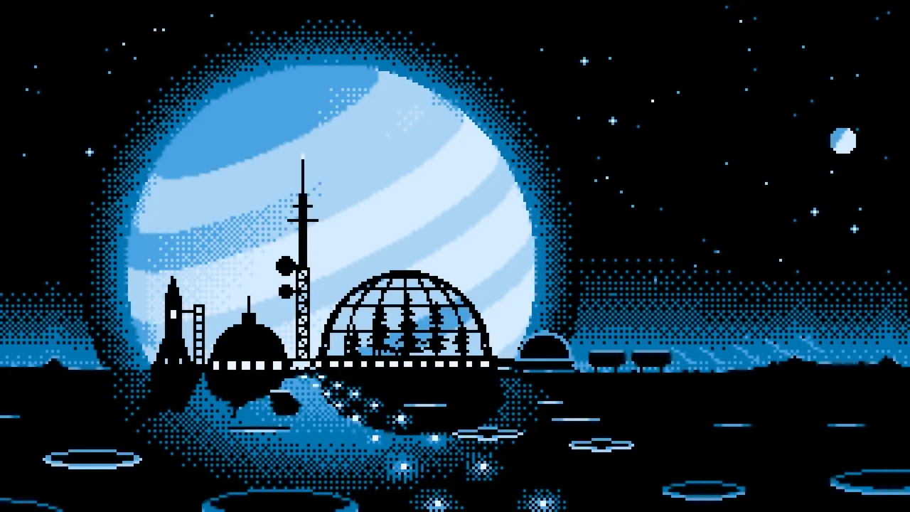 Light Blue Pixel Art Space Colony and Planet desktop wallpaper in 4K