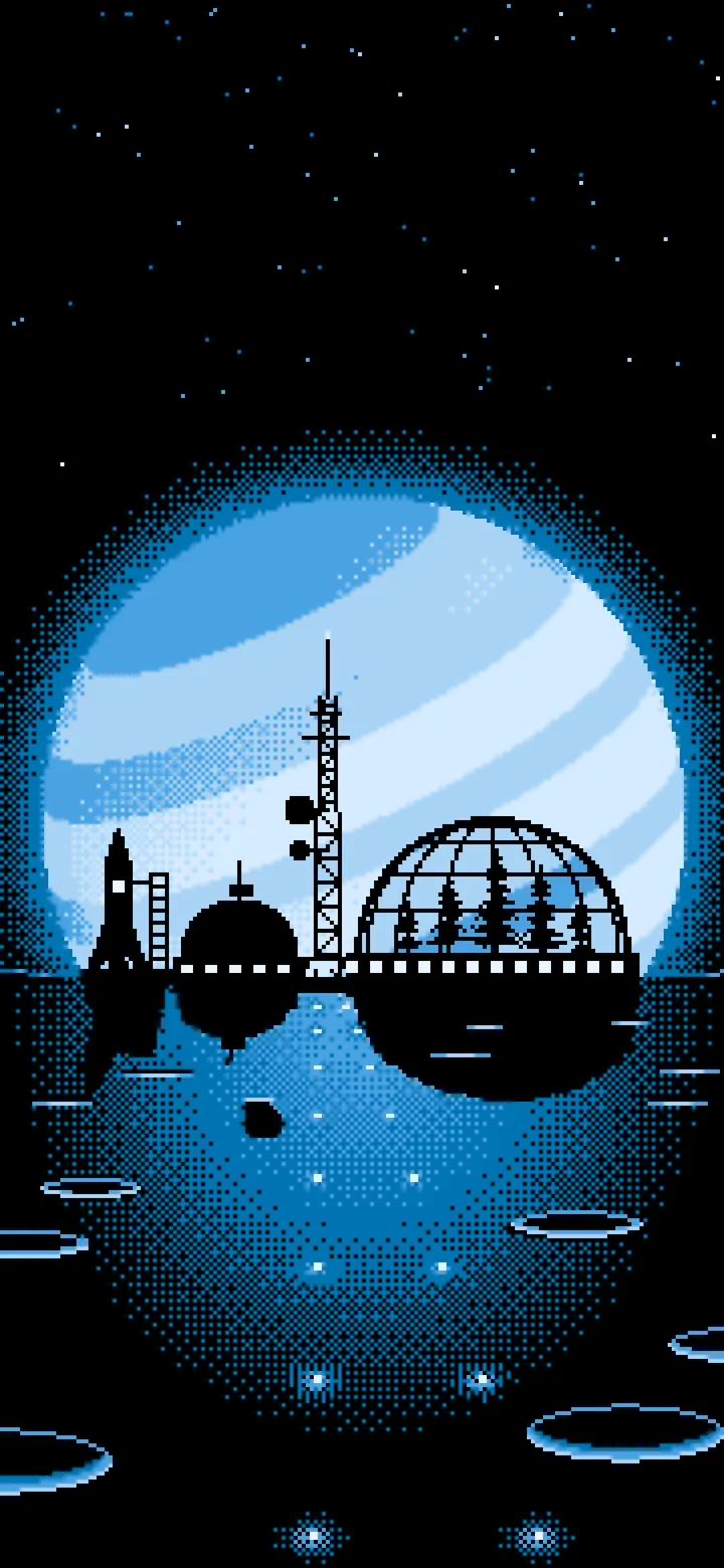 Light Blue Pixel Art Space Colony and Planet wallpaper for iPhone and Android