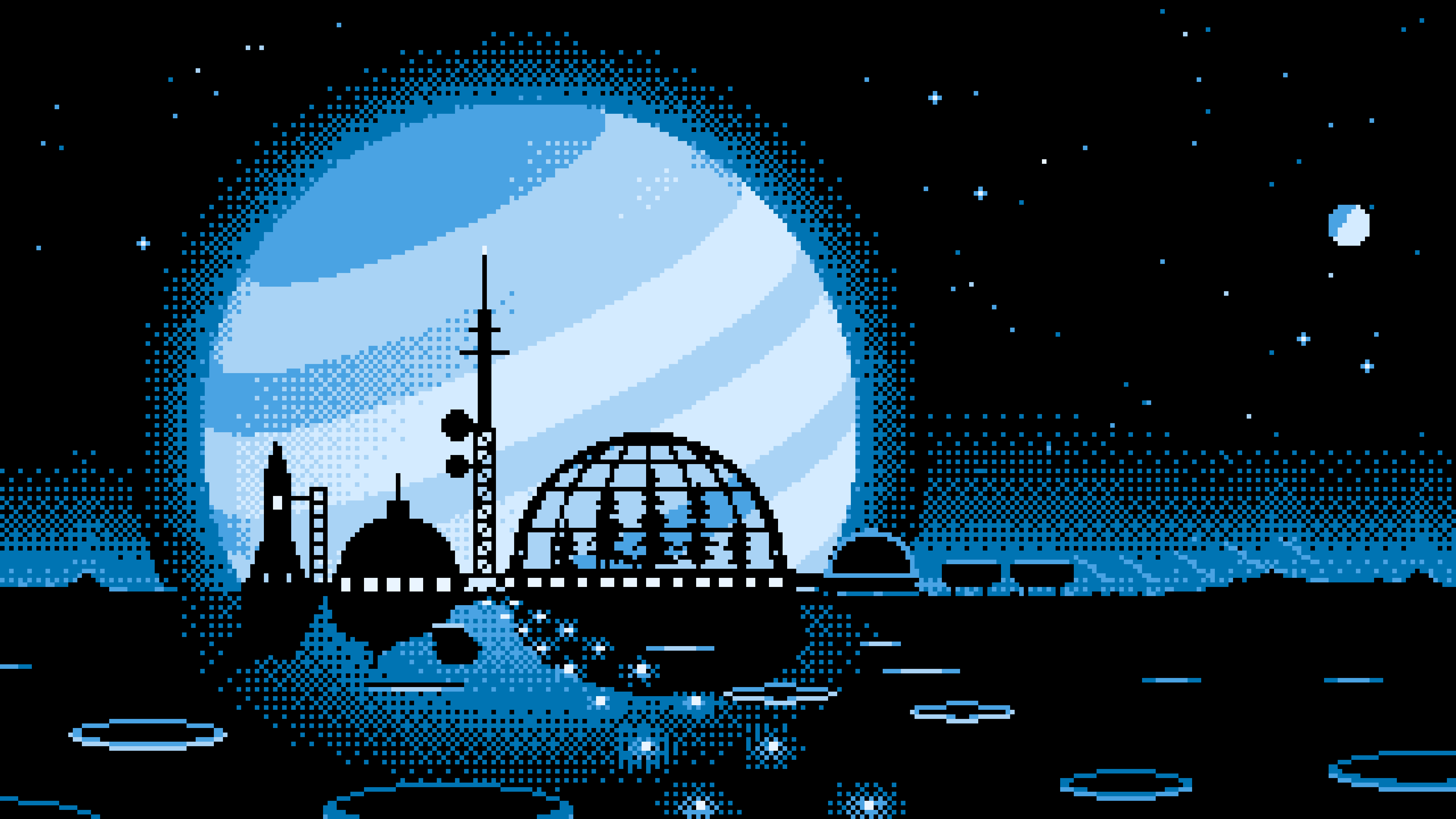 Light Blue Pixel Art Space Colony and Planet desktop wallpaper in 4K
