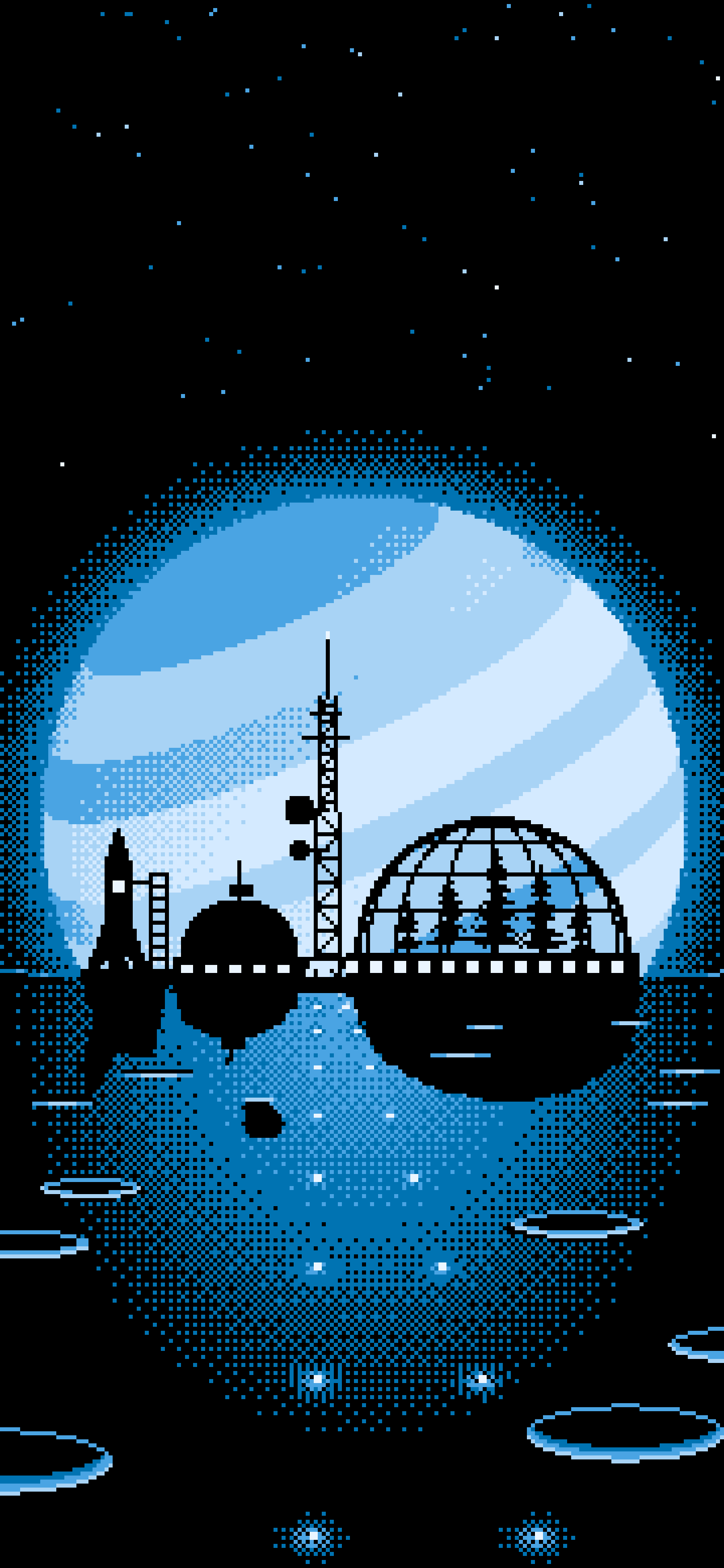 Light Blue Pixel Art Space Colony and Planet wallpaper for iPhone and Android