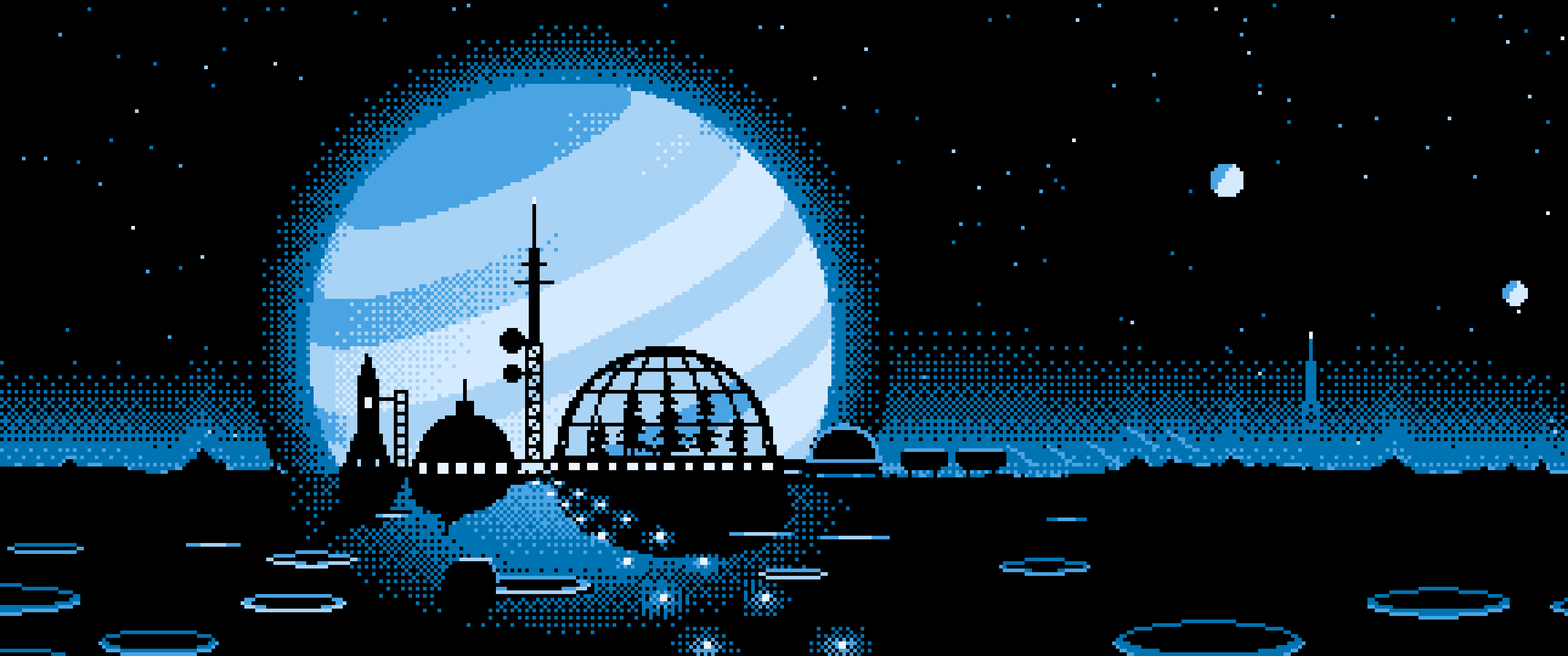 Light Blue Pixel Art Space Colony and Planet ultrawide wallpaper, 3440 × 1440