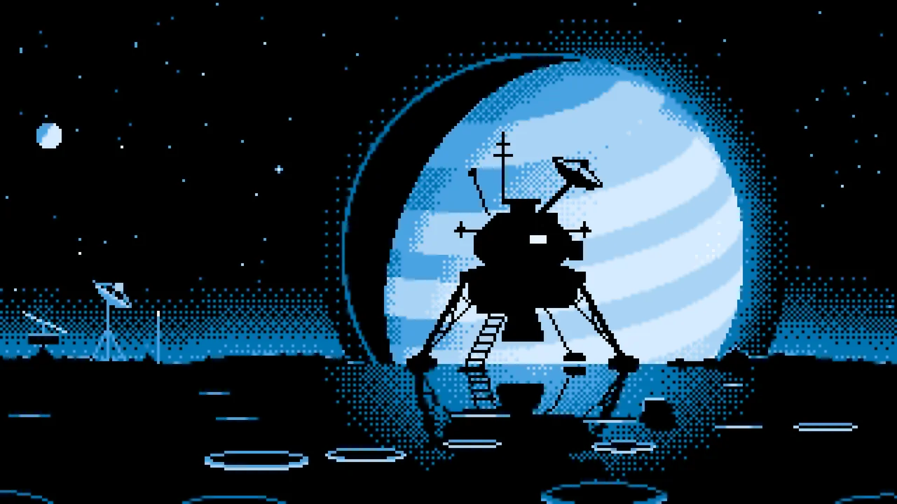 Light Blue Pixel Art Space Lander and Planet desktop wallpaper in 4K