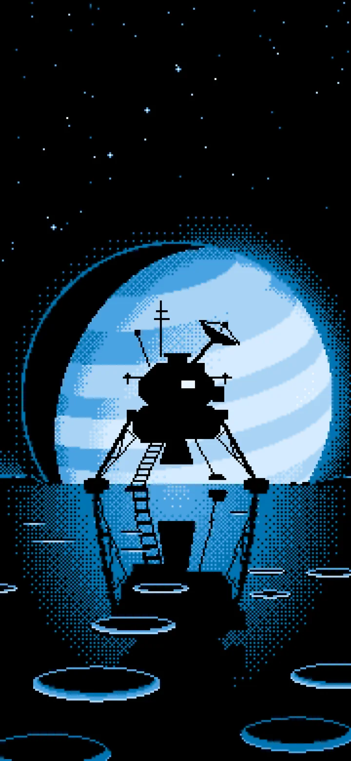 Light Blue Pixel Art Space Lander and Planet wallpaper for iPhone and Android