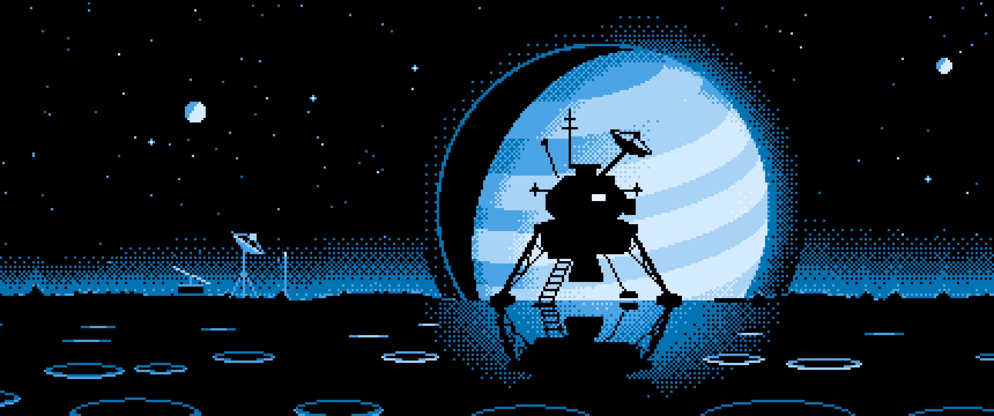 Light Blue Pixel Art Space Lander and Planet ultrawide wallpaper, 3440 × 1440