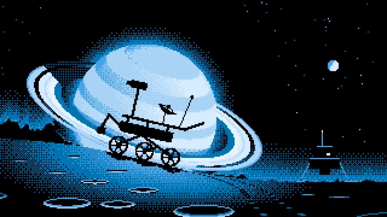 Light Blue Pixel Art Space Rover and Ringed Planet desktop wallpaper in 4K