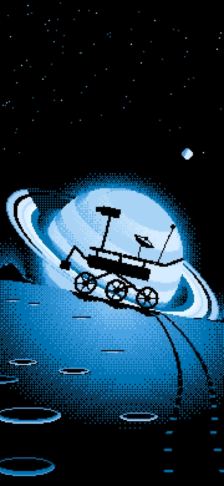Light Blue Pixel Art Space Rover and Ringed Planet wallpaper for iPhone and Android