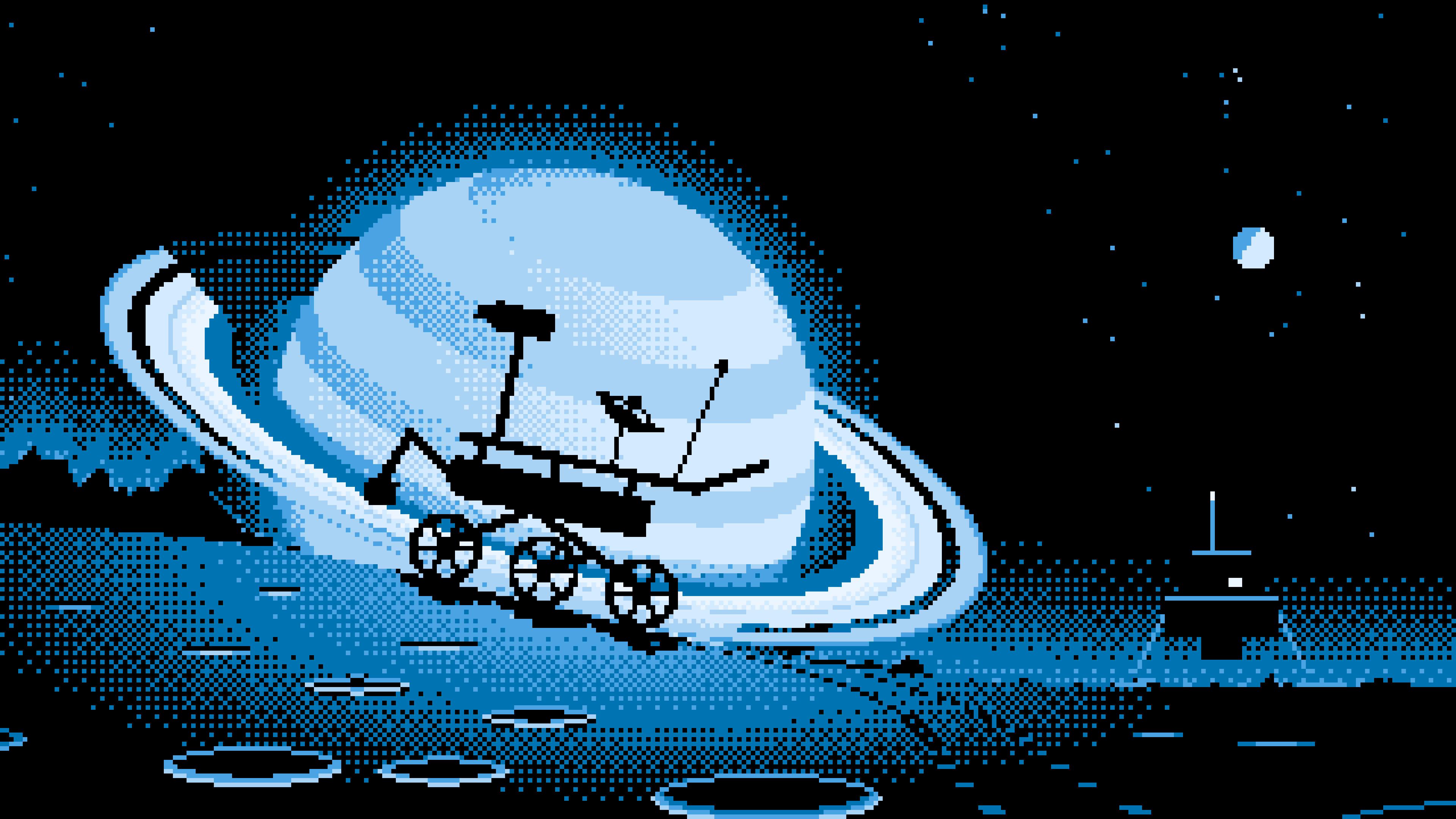 Light Blue Pixel Art Space Rover and Ringed Planet desktop wallpaper in 4K
