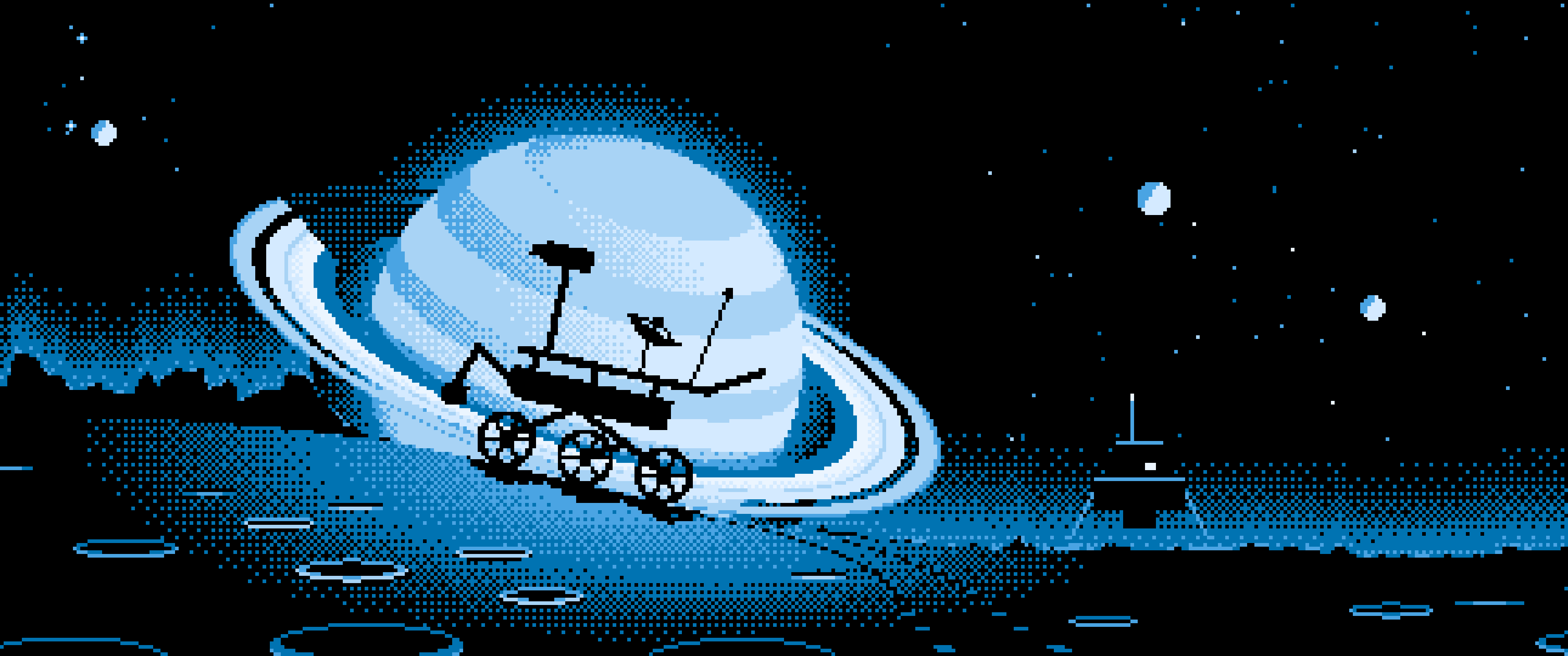 Light Blue Pixel Art Space Rover and Ringed Planet ultrawide wallpaper, 3440 × 1440